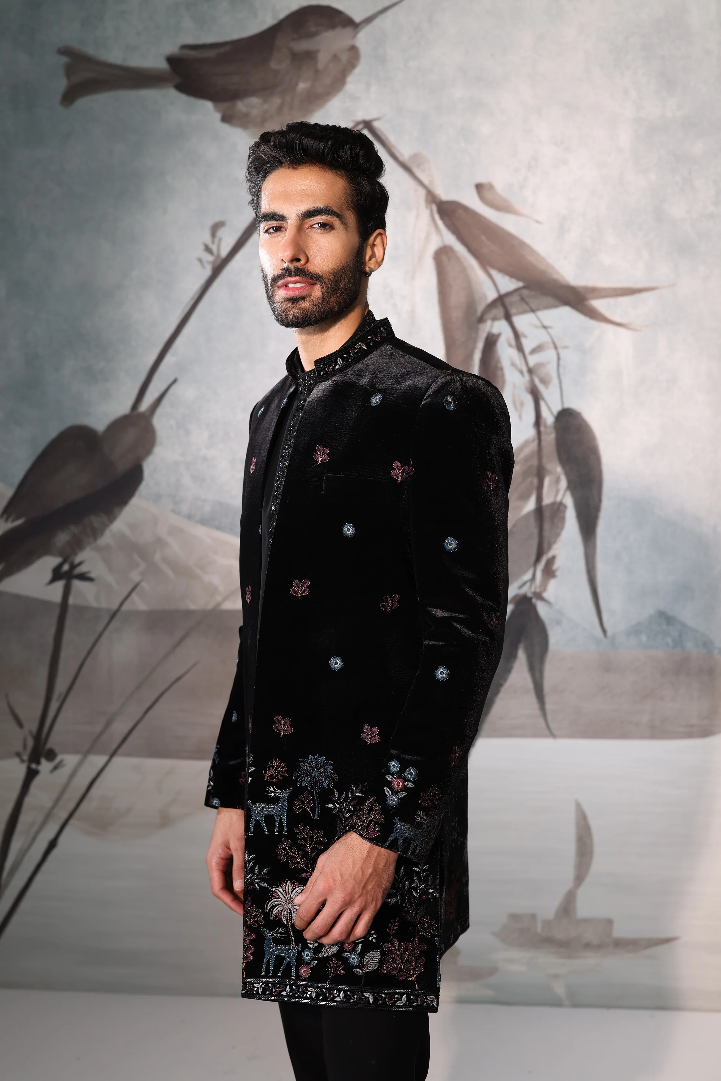 Black velvet colourful thread work indowestern with kurta placket embroidery work - Image 4