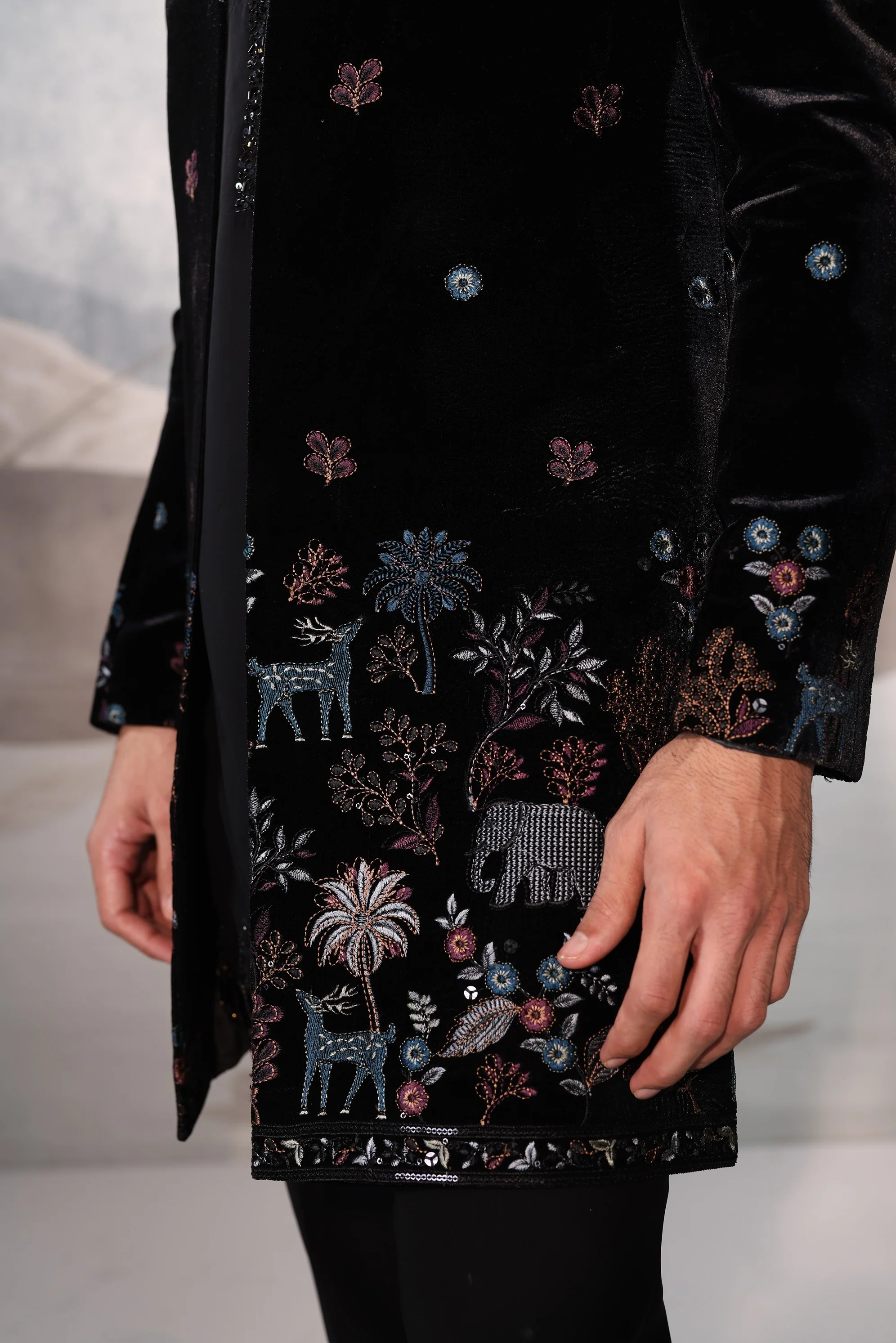 Black velvet colourful thread work indowestern with kurta placket embroidery work - Image 5