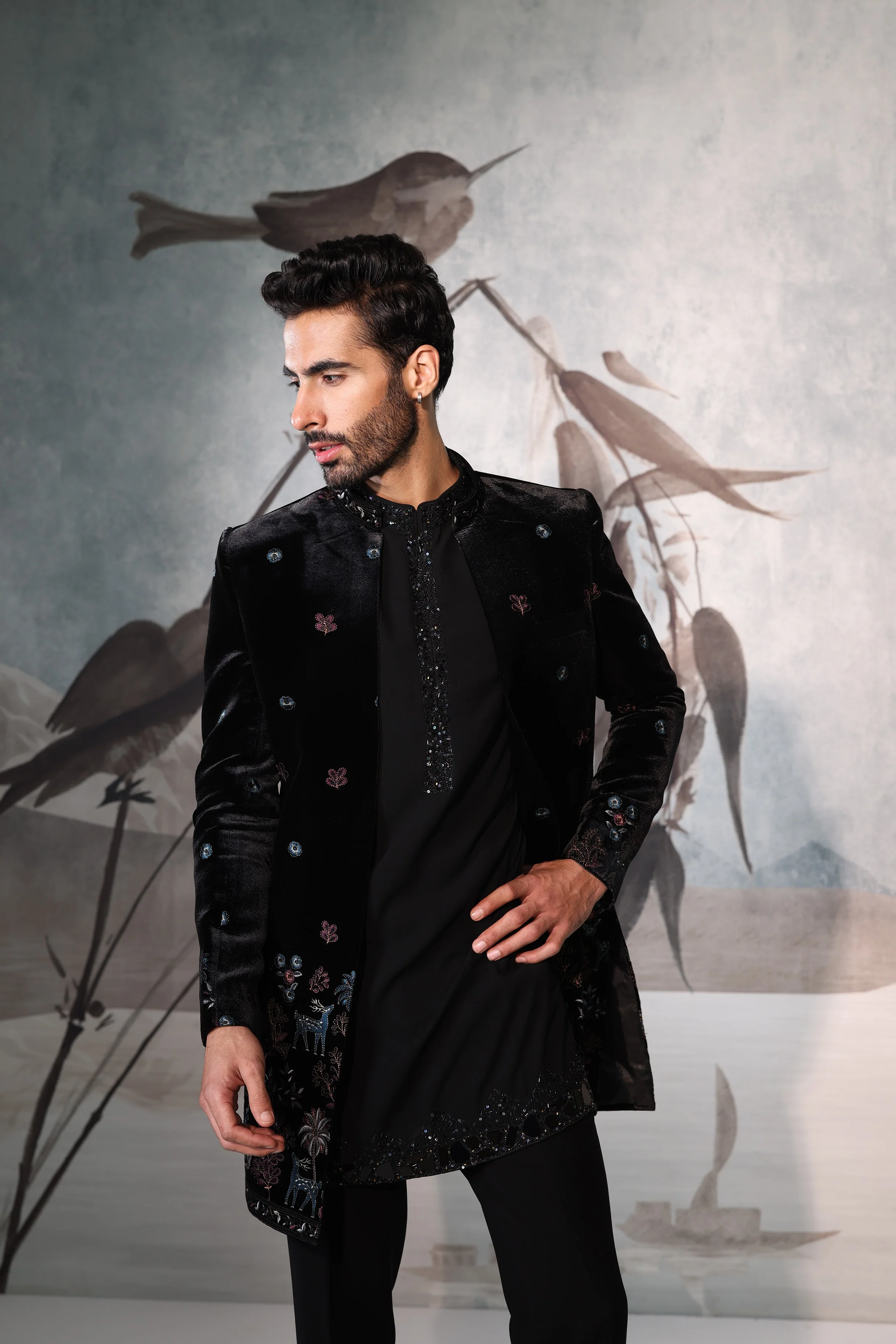 Black velvet colourful thread work indowestern with kurta placket embroidery work - Image 6