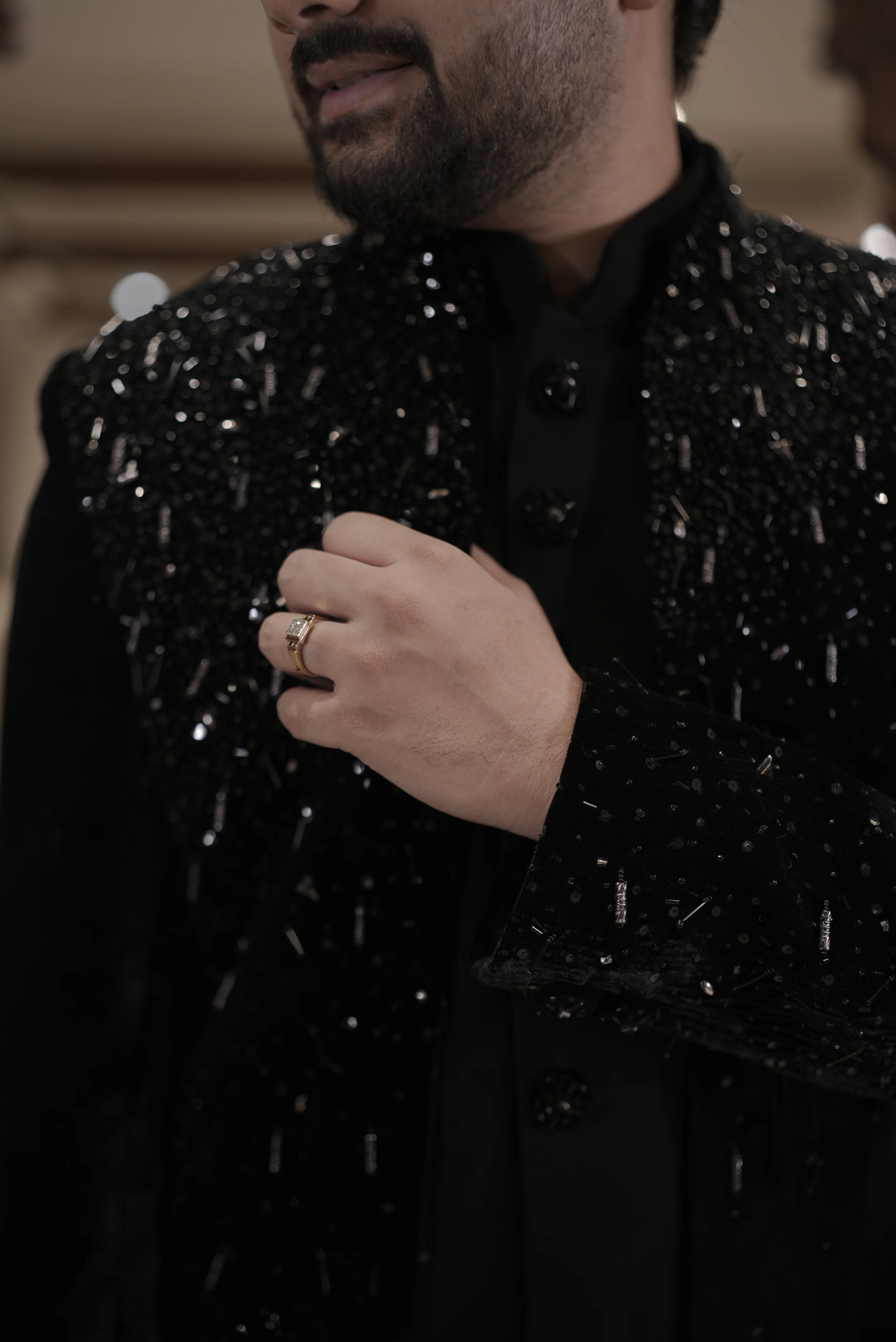 Black velvet indo-western sherwani with sequin embellishments - Image 3