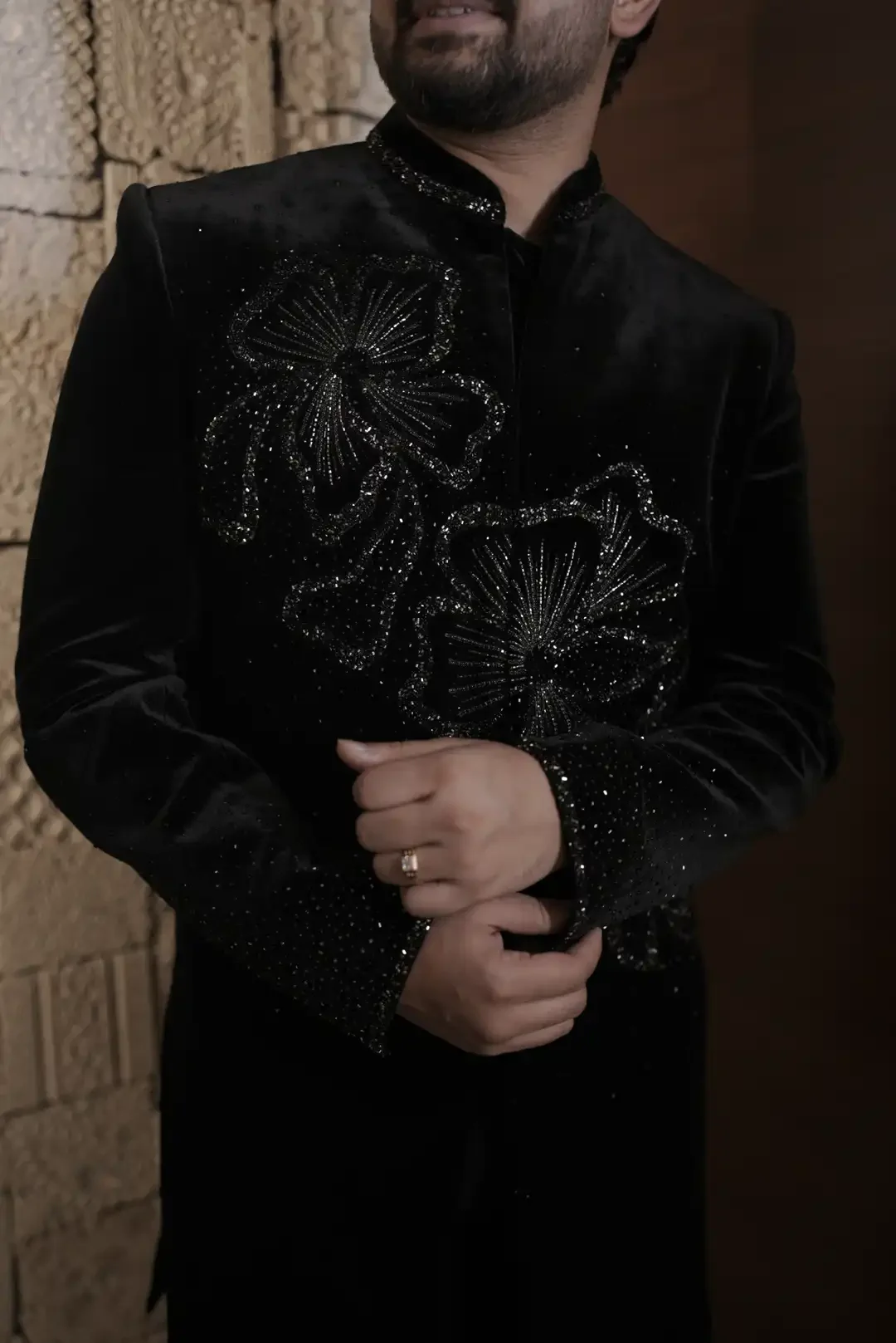 Black Velvet Indowestern with embellishments - Image 3