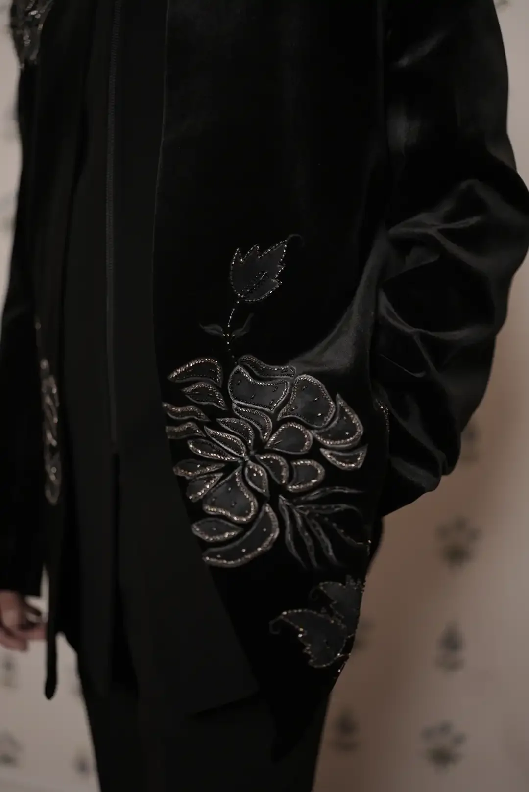 Black Vevet jacket style Indo-western with floral motifs - Image 3