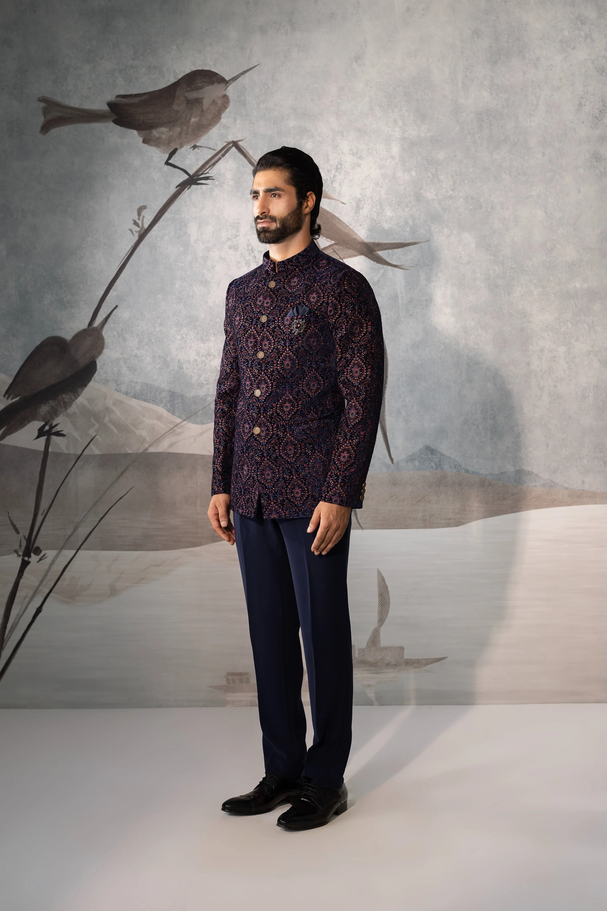 Blue BANDHGALA Printed Jacket Set - Image 3