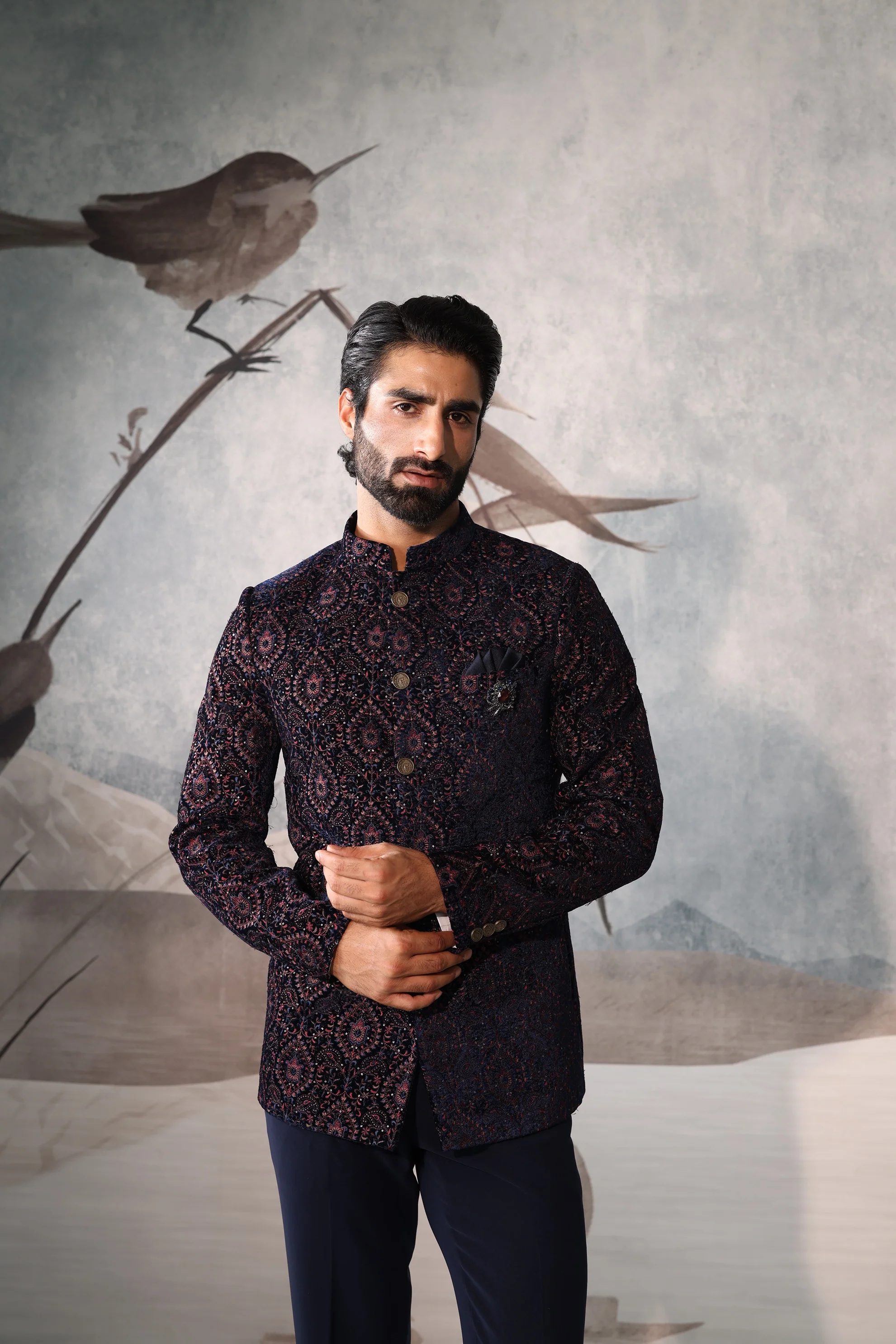 Blue BANDHGALA Printed Jacket Set - Image 4