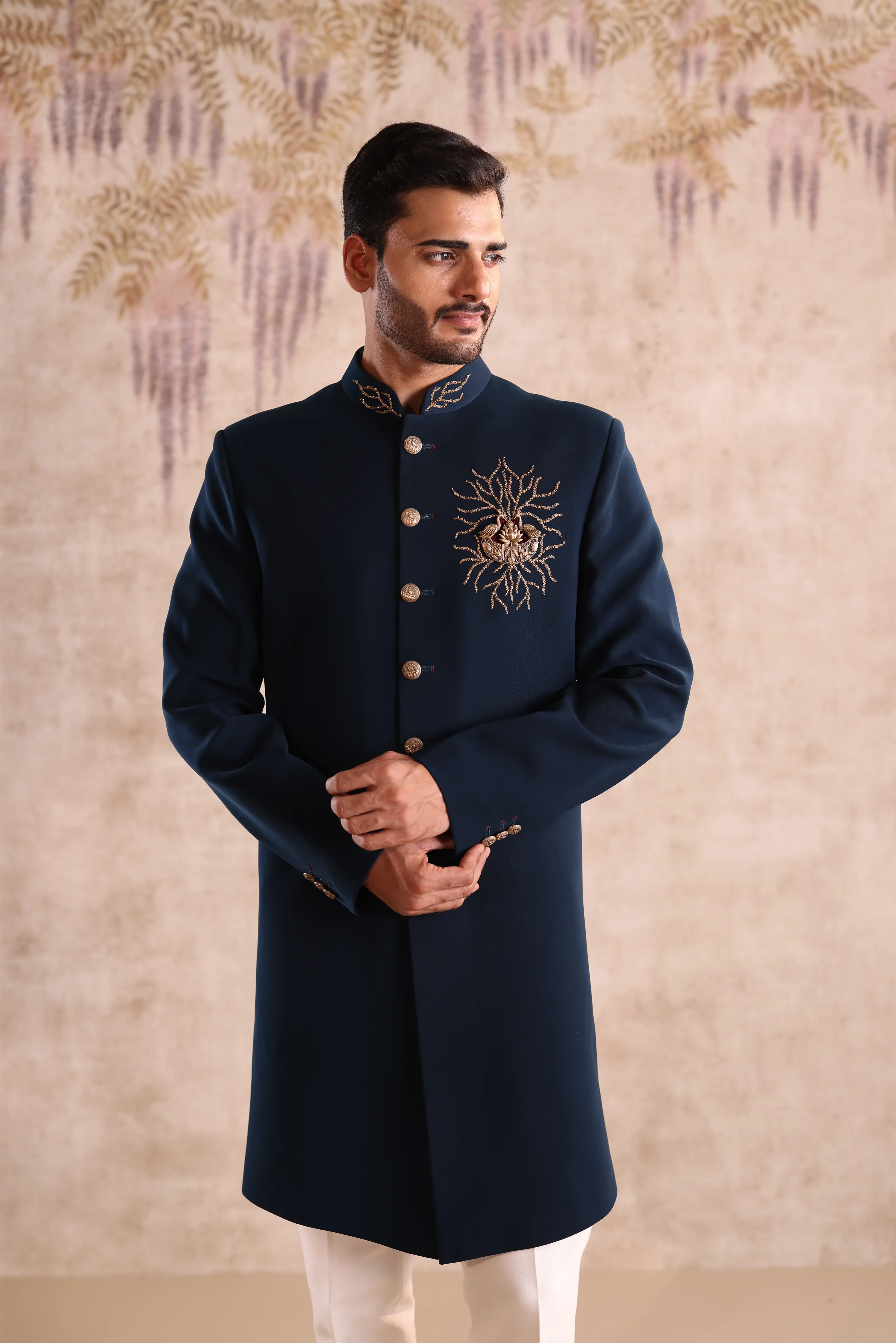 Teal indo western with collar embroidery and chest brooch highlight with embroider - Image 3