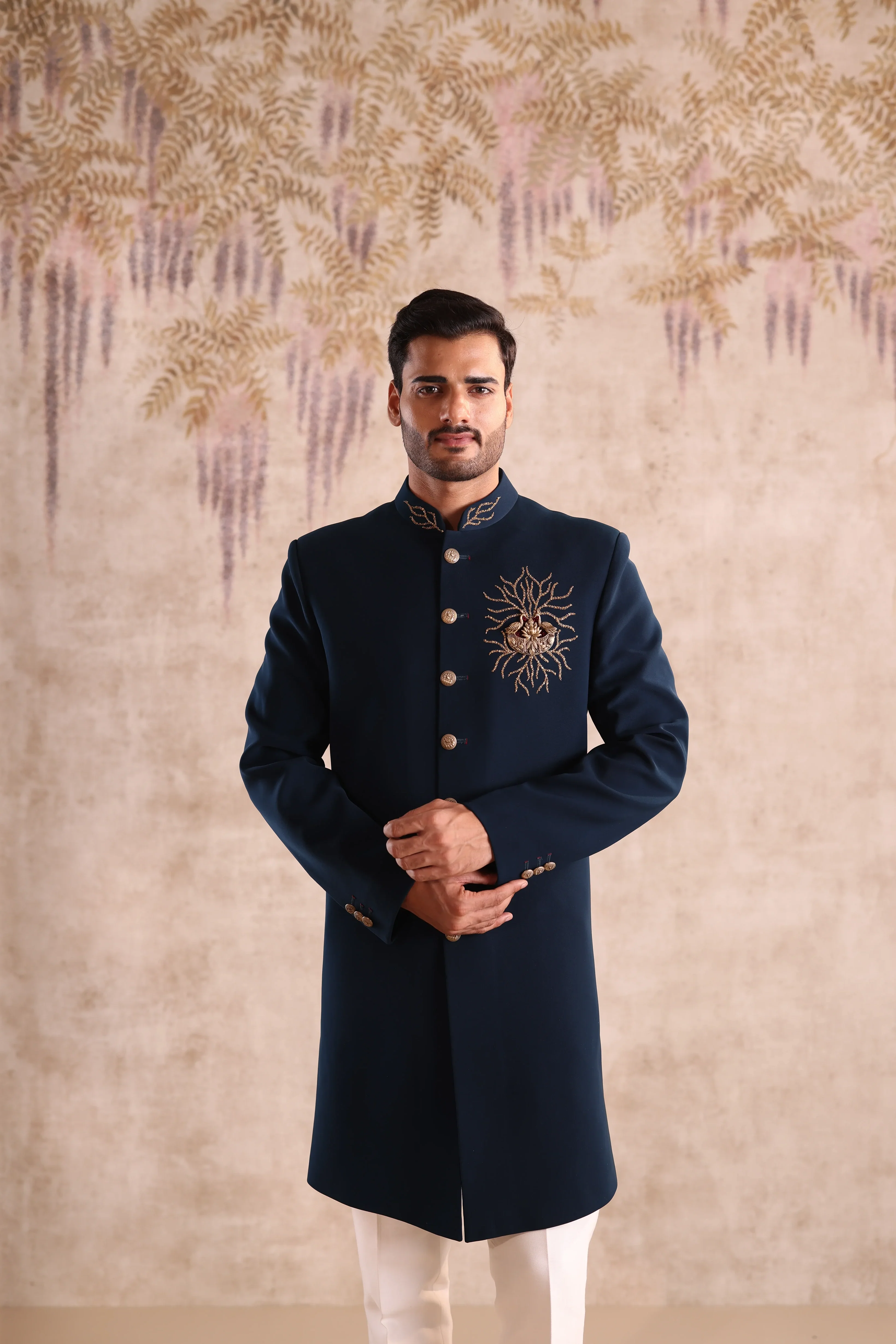 Teal indo western with collar embroidery and chest brooch highlight with embroider - Image 4
