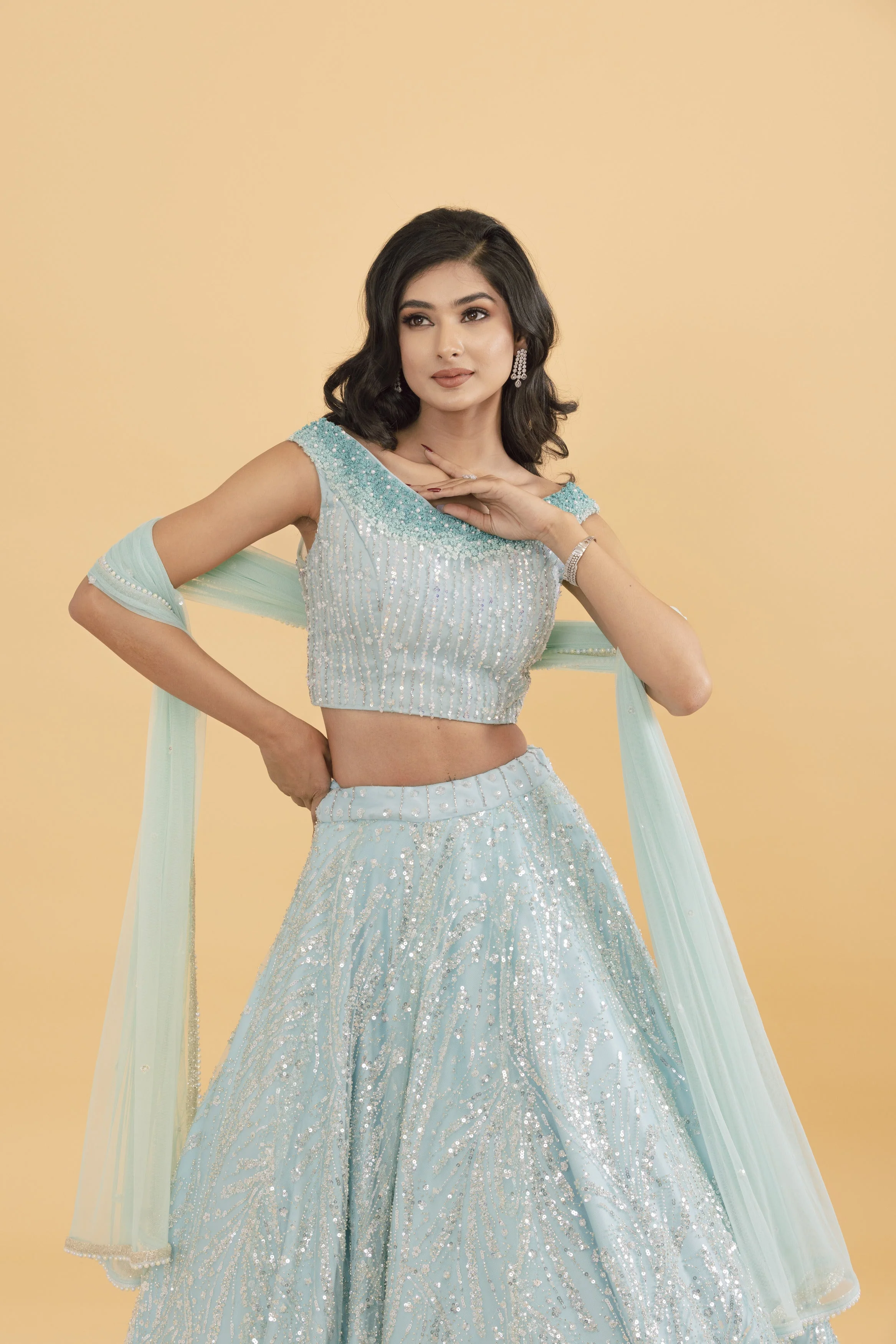 Blue net lehenga with silver embellishments - Image 2