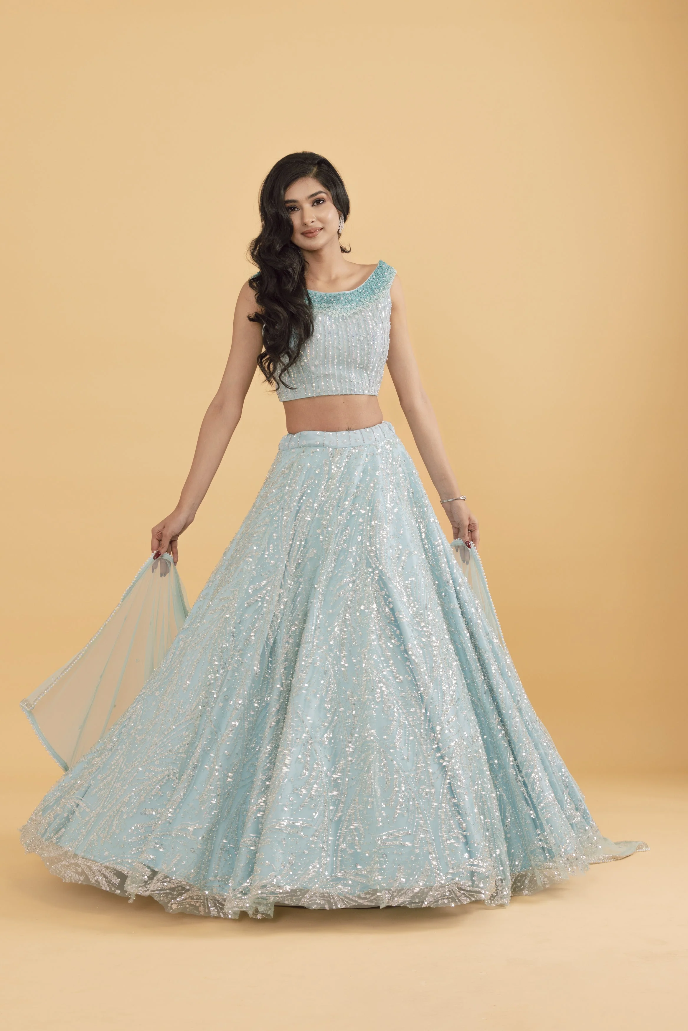 Blue net lehenga with silver embellishments - Image 5
