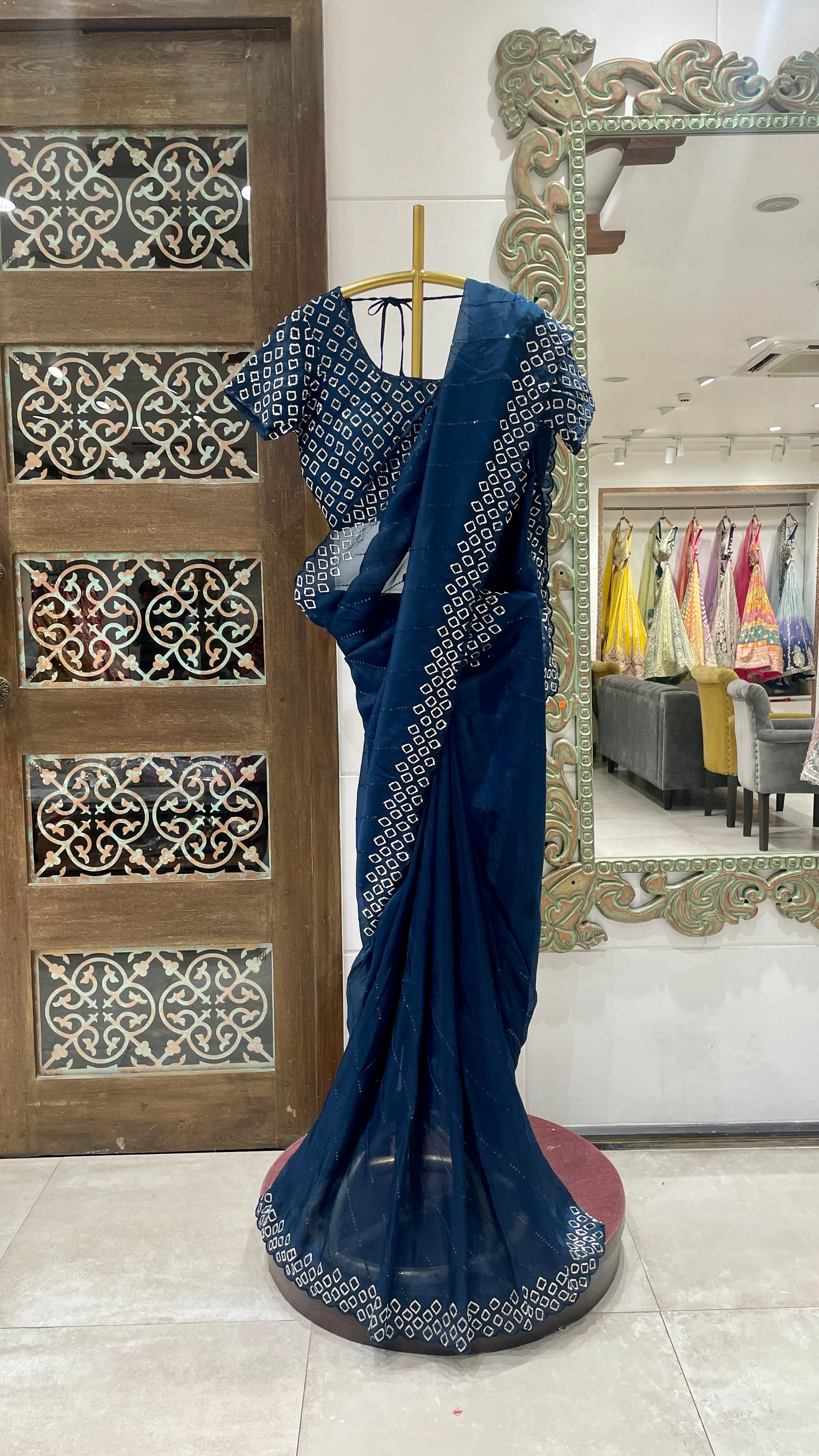 Navy Blue Saree with Silver Embroidered Border and Matching Blouse