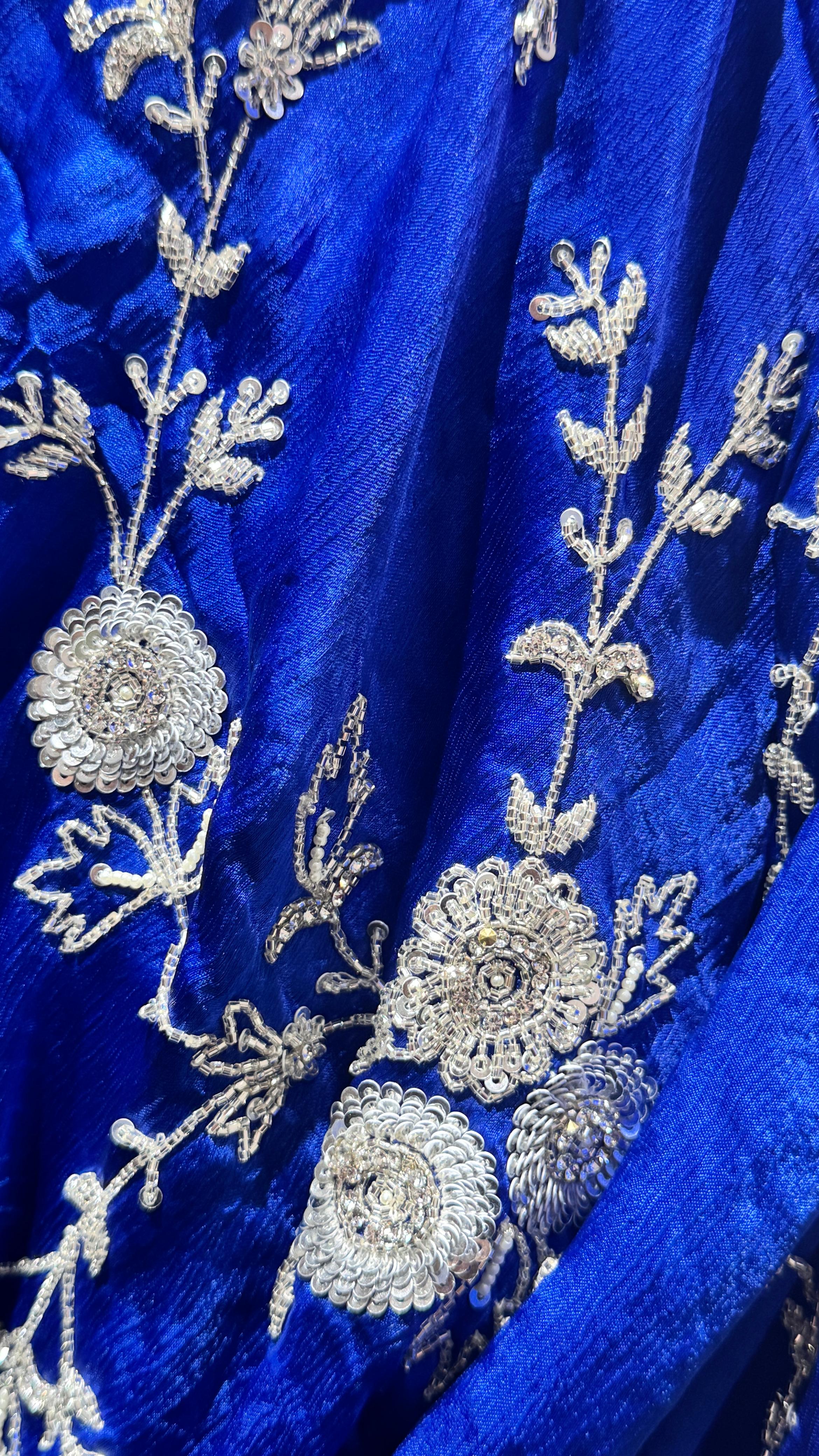 Blue Saree with Silver Floral Embroidery - Image 3