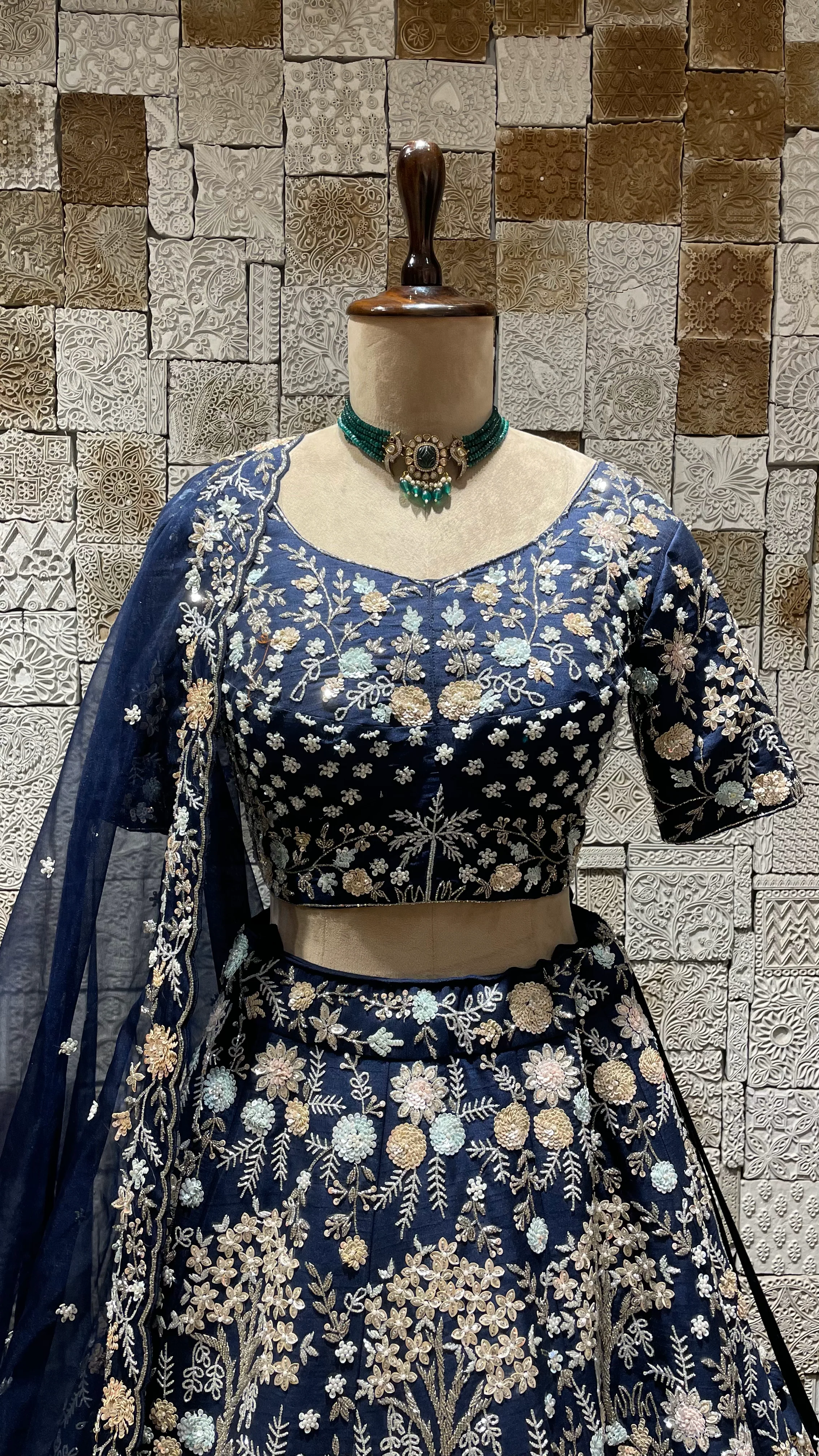 Blue Silk Lehenga with Sequins & Pearl Embellishments - Image 2