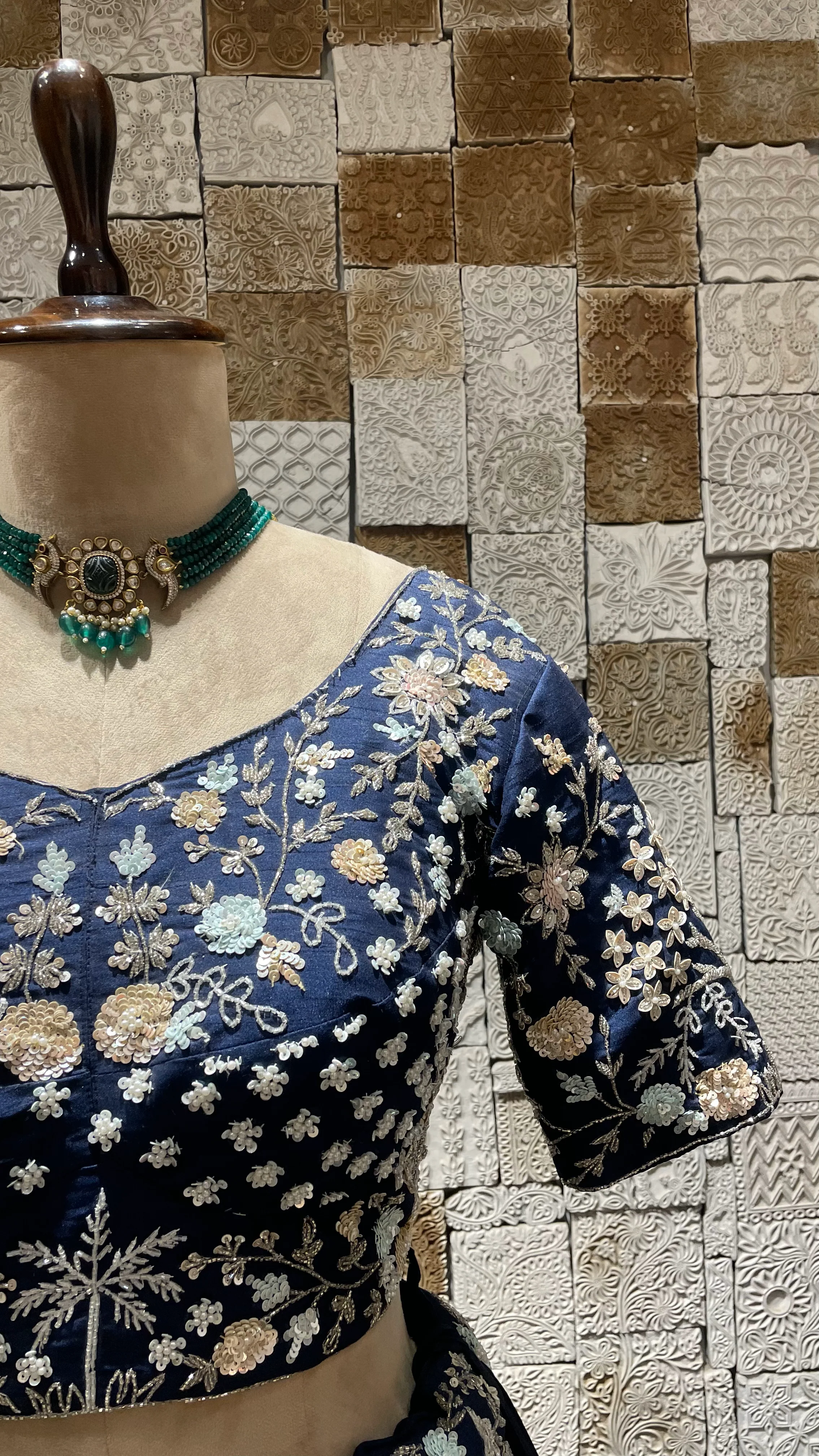 Blue Silk Lehenga with Sequins & Pearl Embellishments - Image 3