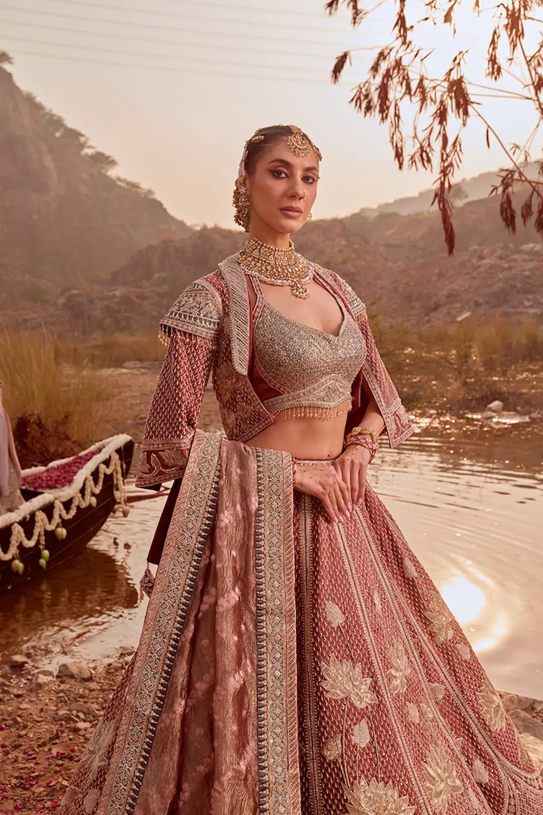 Blush pink Tissue silk embroidered bridal lehenga - Image 3