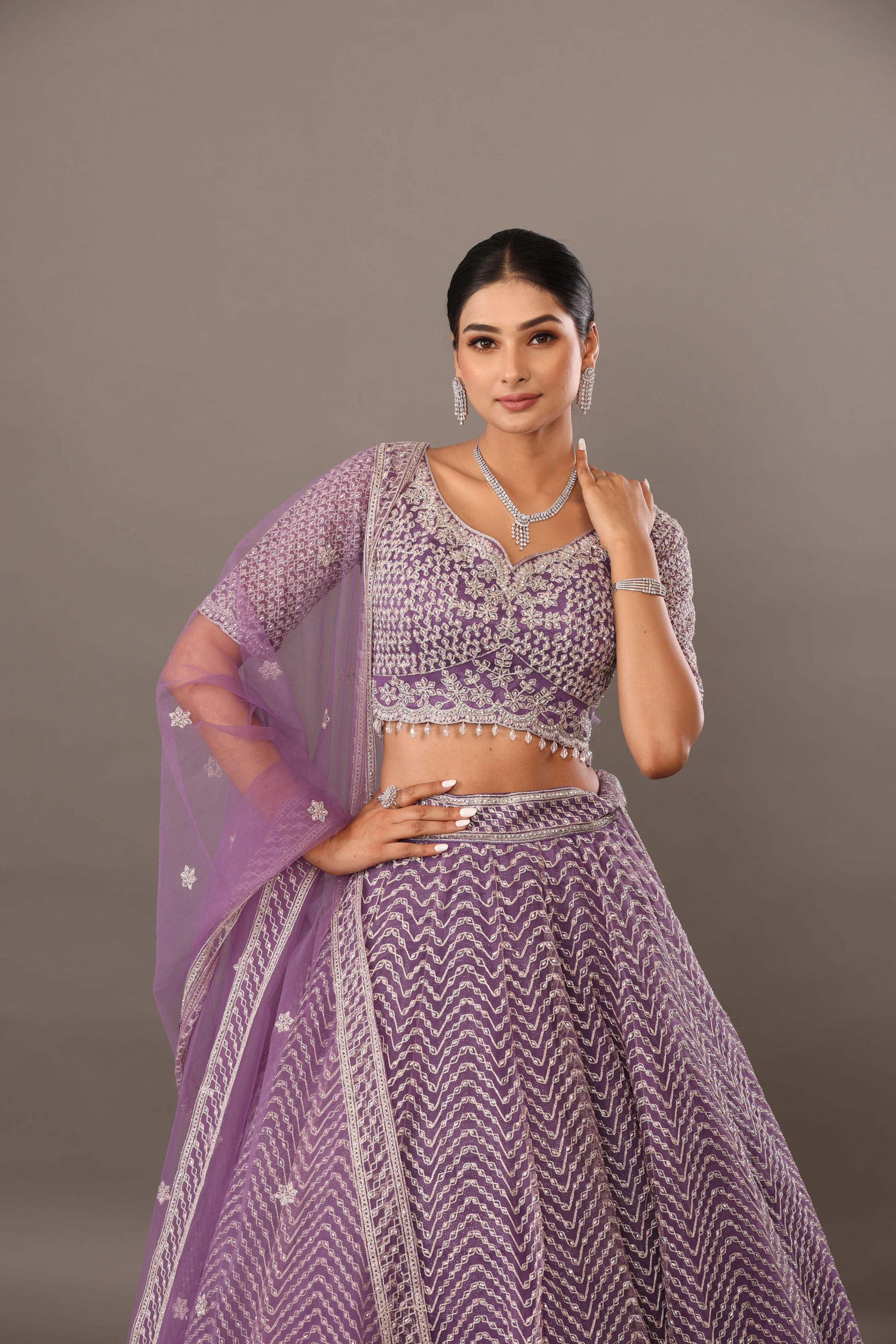Lilac net base lehenga with embellishments - Image 2
