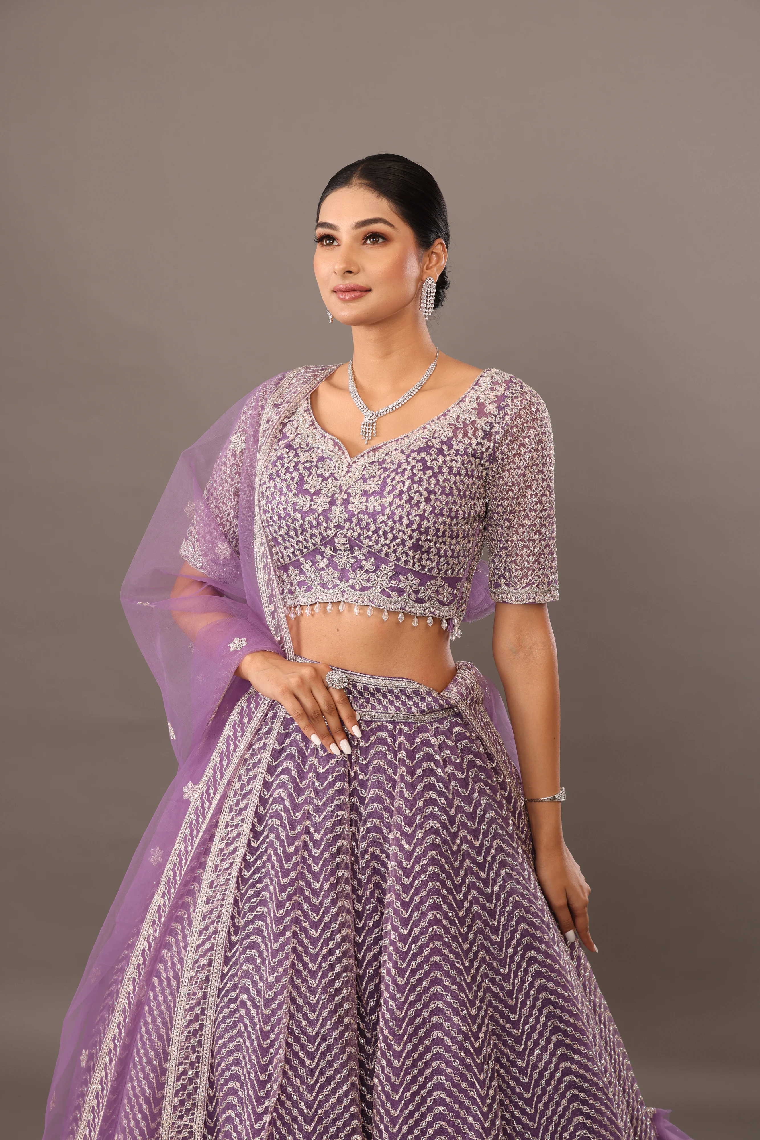Lilac net base lehenga with embellishments - Image 3
