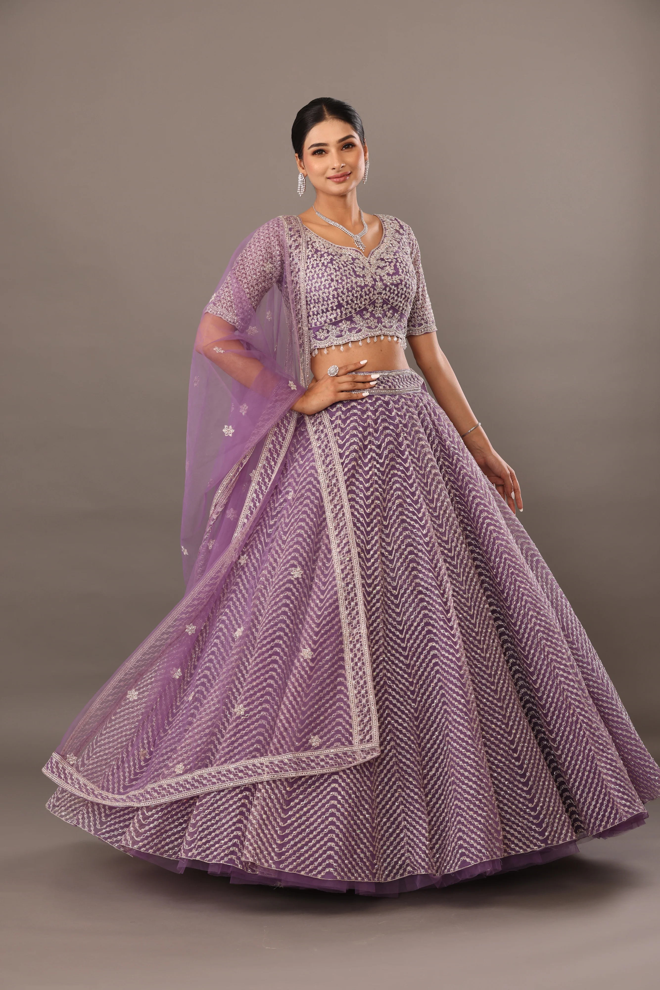 Lilac net base lehenga with embellishments - Image 4