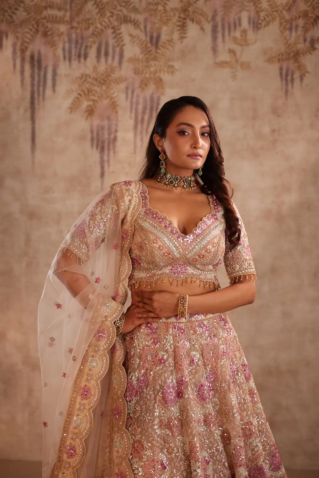 Bronze Net Lehenga Set with Sequins and Zari Embroidery - Image 2