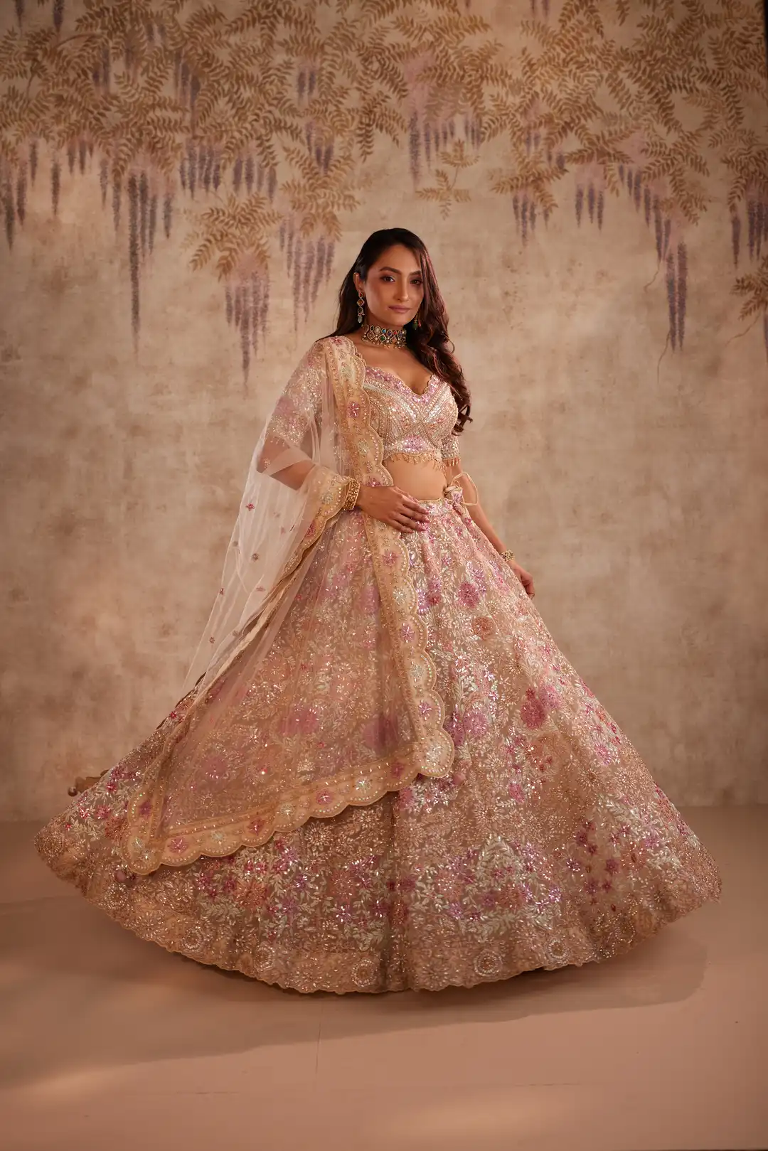Bronze Net Lehenga Set with Sequins and Zari Embroidery - Image 5