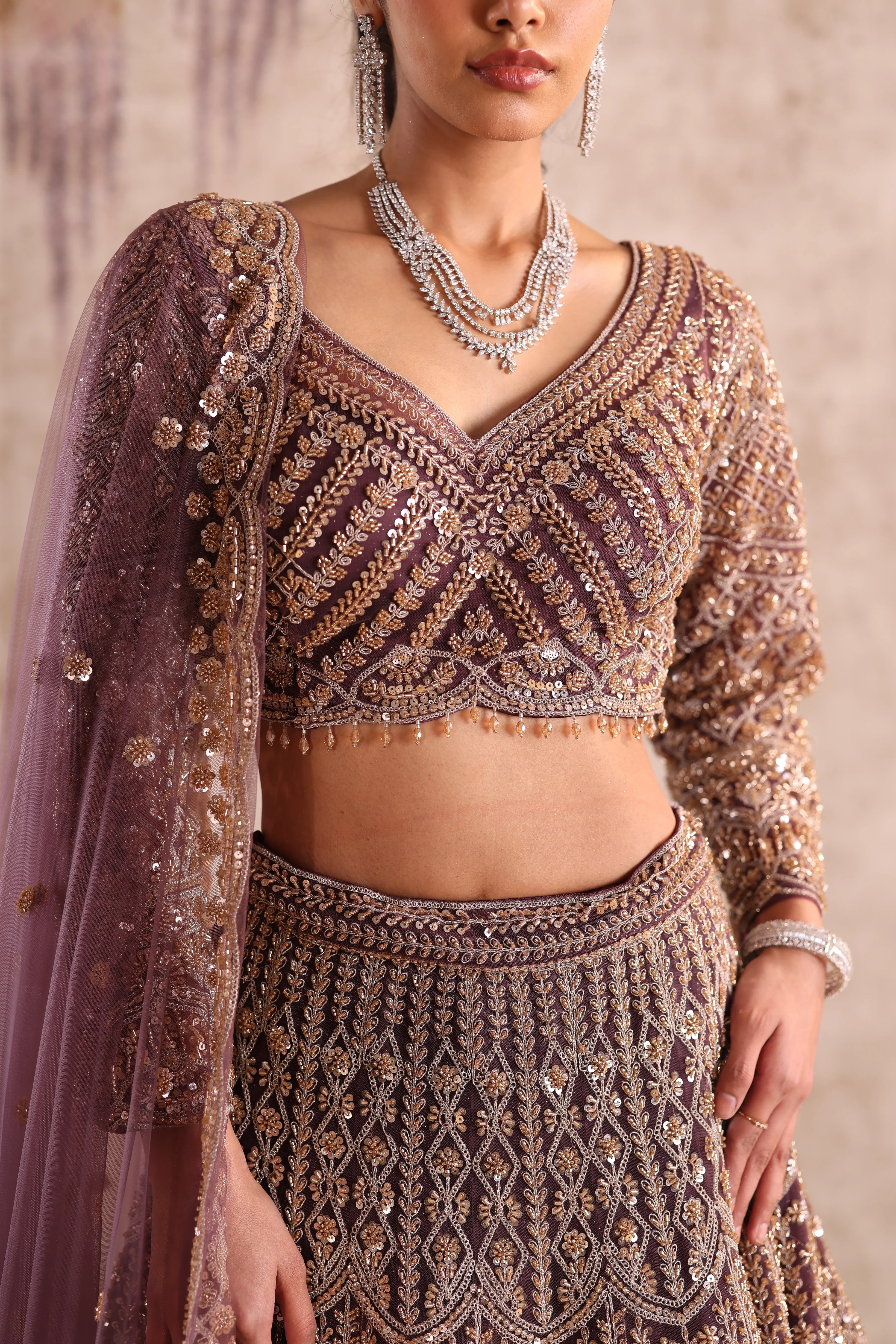 Brown Heavy Embroidered Party Wear Lehenga - Image 3