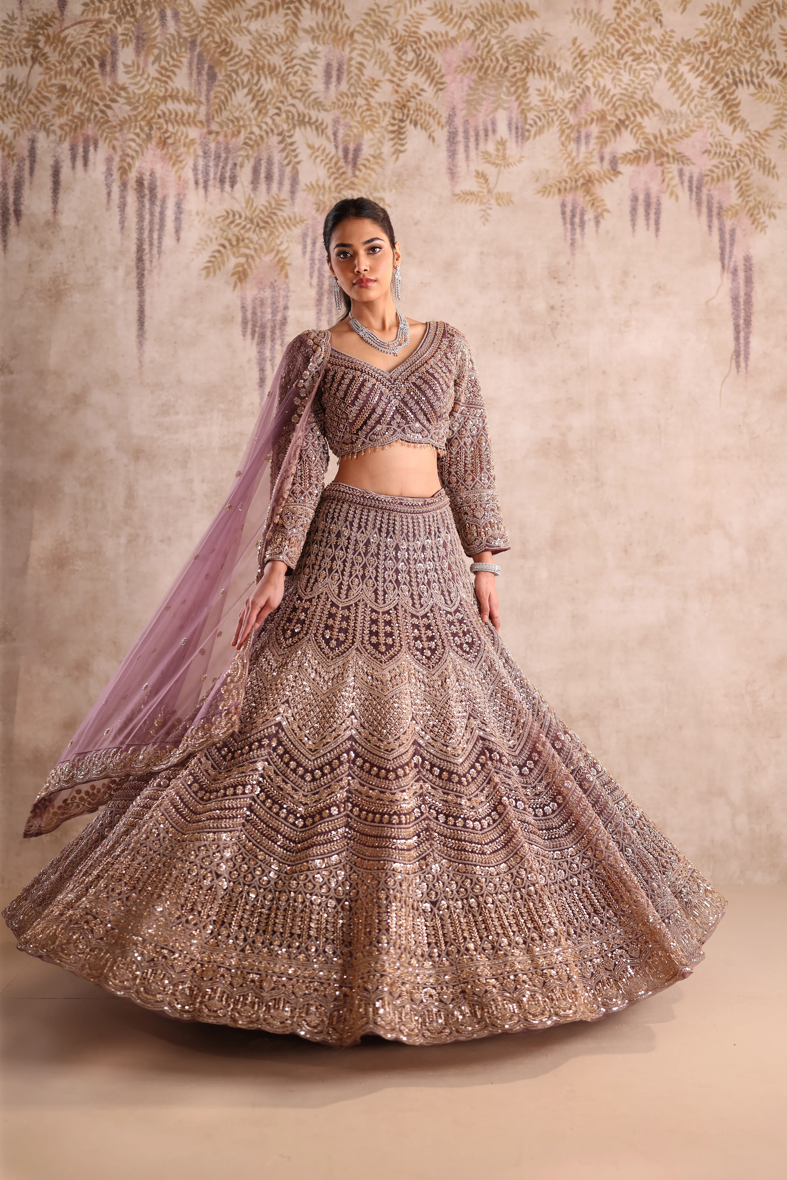 Brown Heavy Embroidered Party Wear Lehenga - Image 4