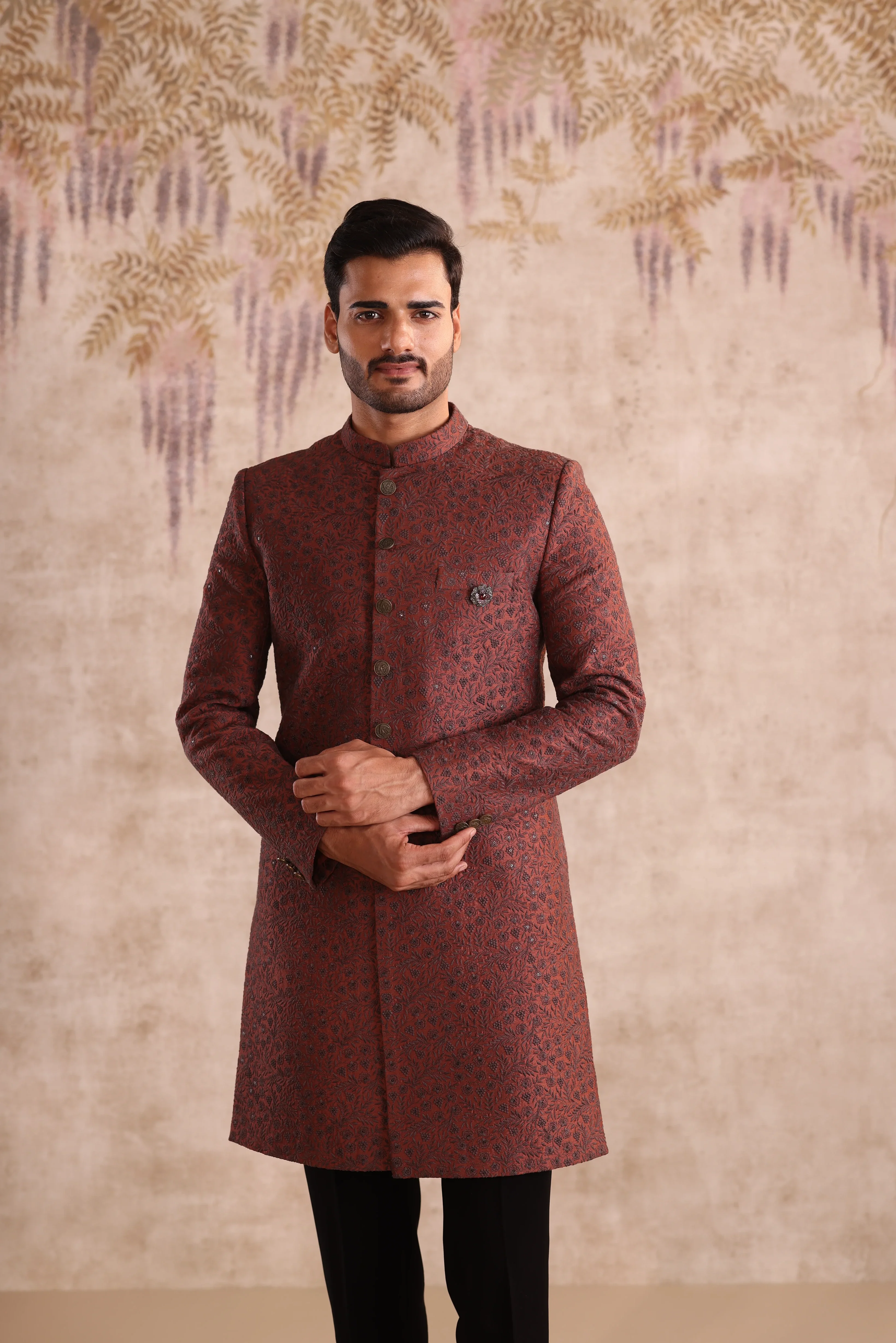 Rust embroidered indo western detailing with button - Image 3