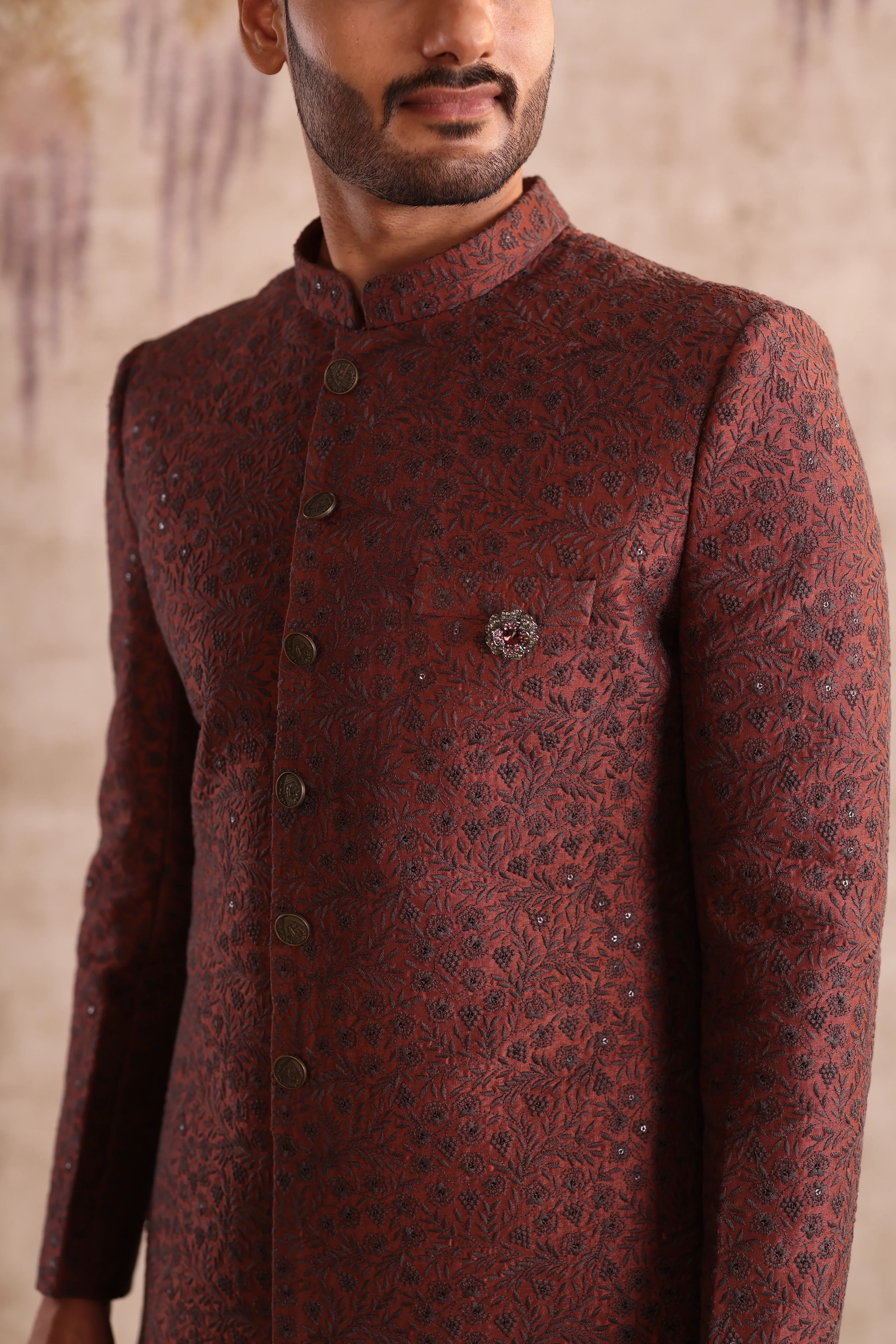 Rust embroidered indo western detailing with button - Image 4