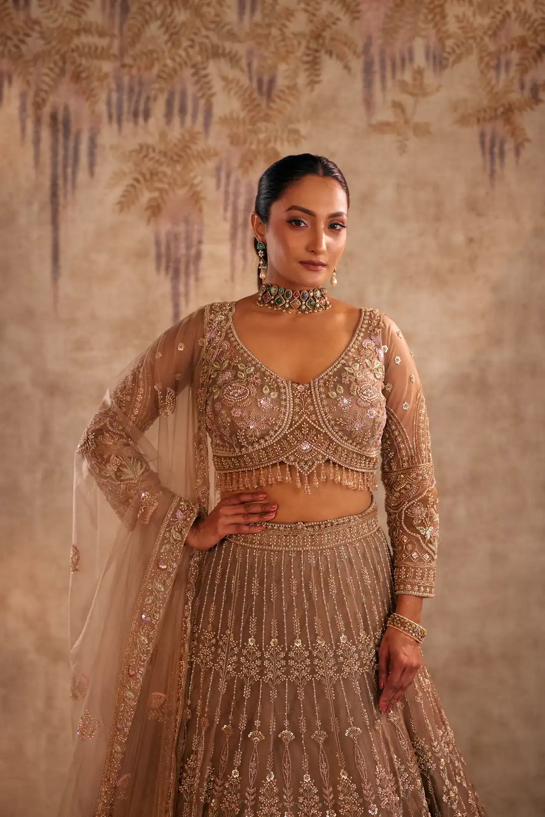 Brown lehenga with wine patch work - Image 2