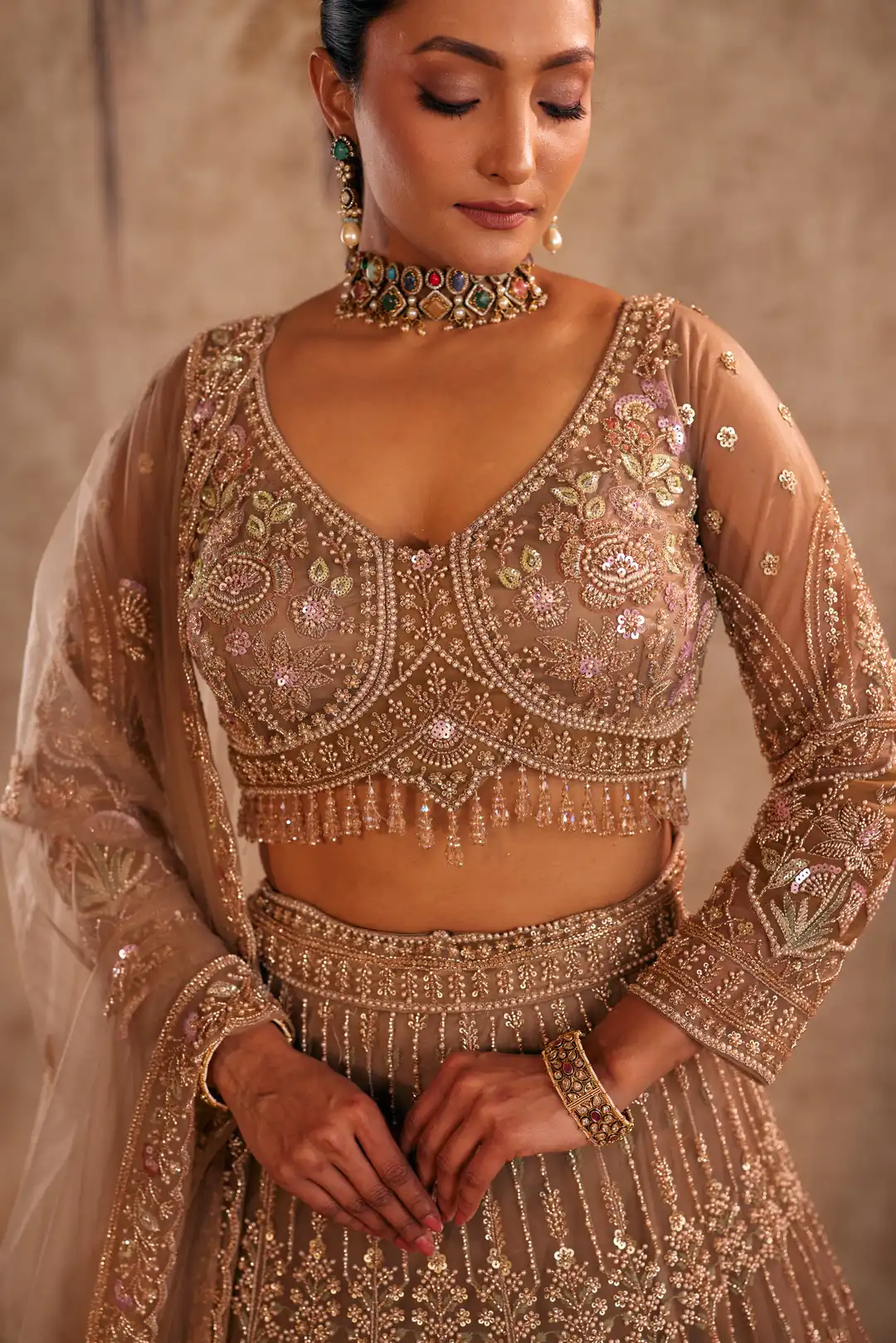 Brown lehenga with wine patch work - Image 3
