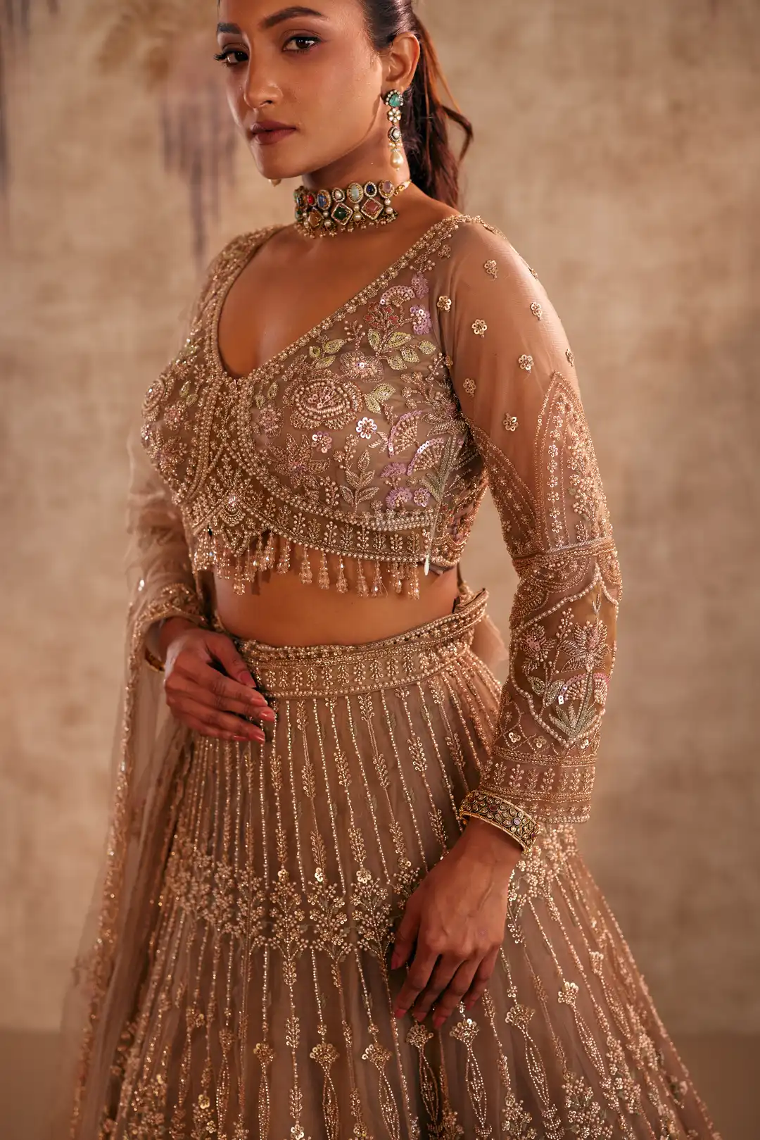 Brown lehenga with wine patch work - Image 4