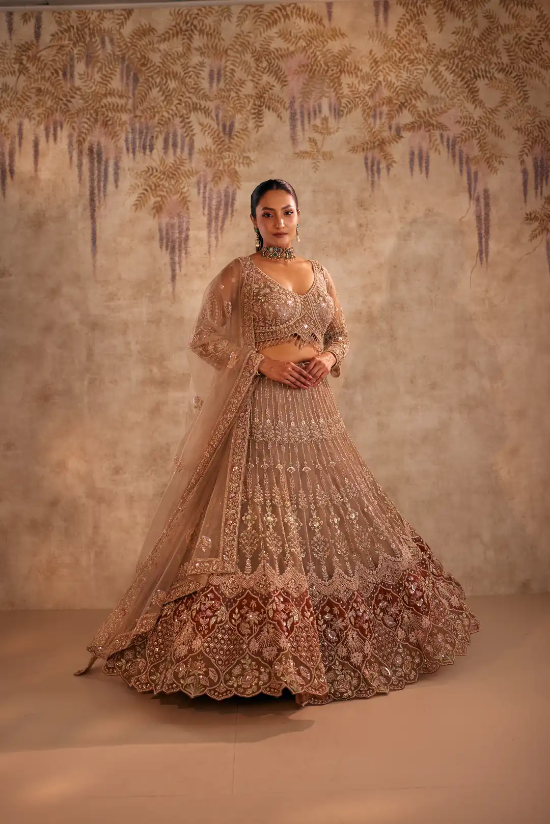 Brown lehenga with wine patch work - Image 5
