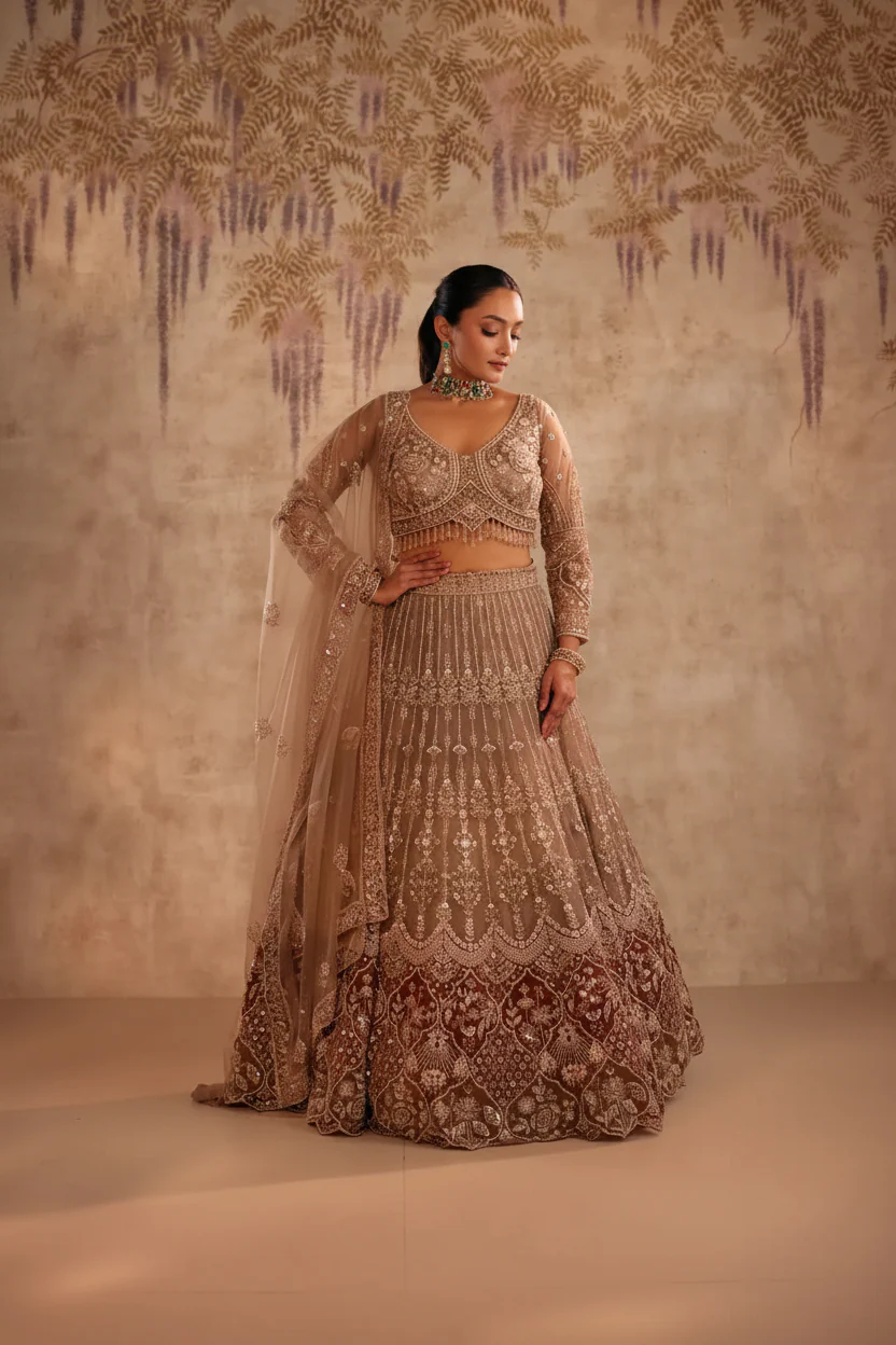 Brown lehenga with wine patch work - Image 7