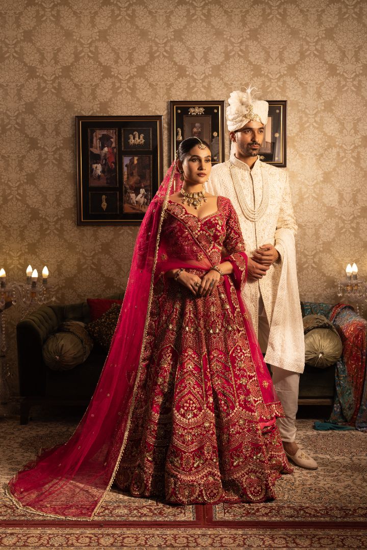 Maroon Velvet Bridal Lehenga with Heavy Zari Embroidery | Premium Wedding Wear - Image 3