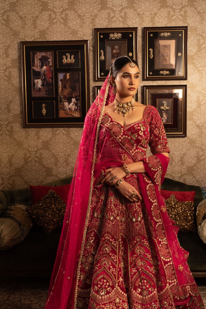 Maroon Velvet Bridal Lehenga with Heavy Zari Embroidery | Premium Wedding Wear - Image 4