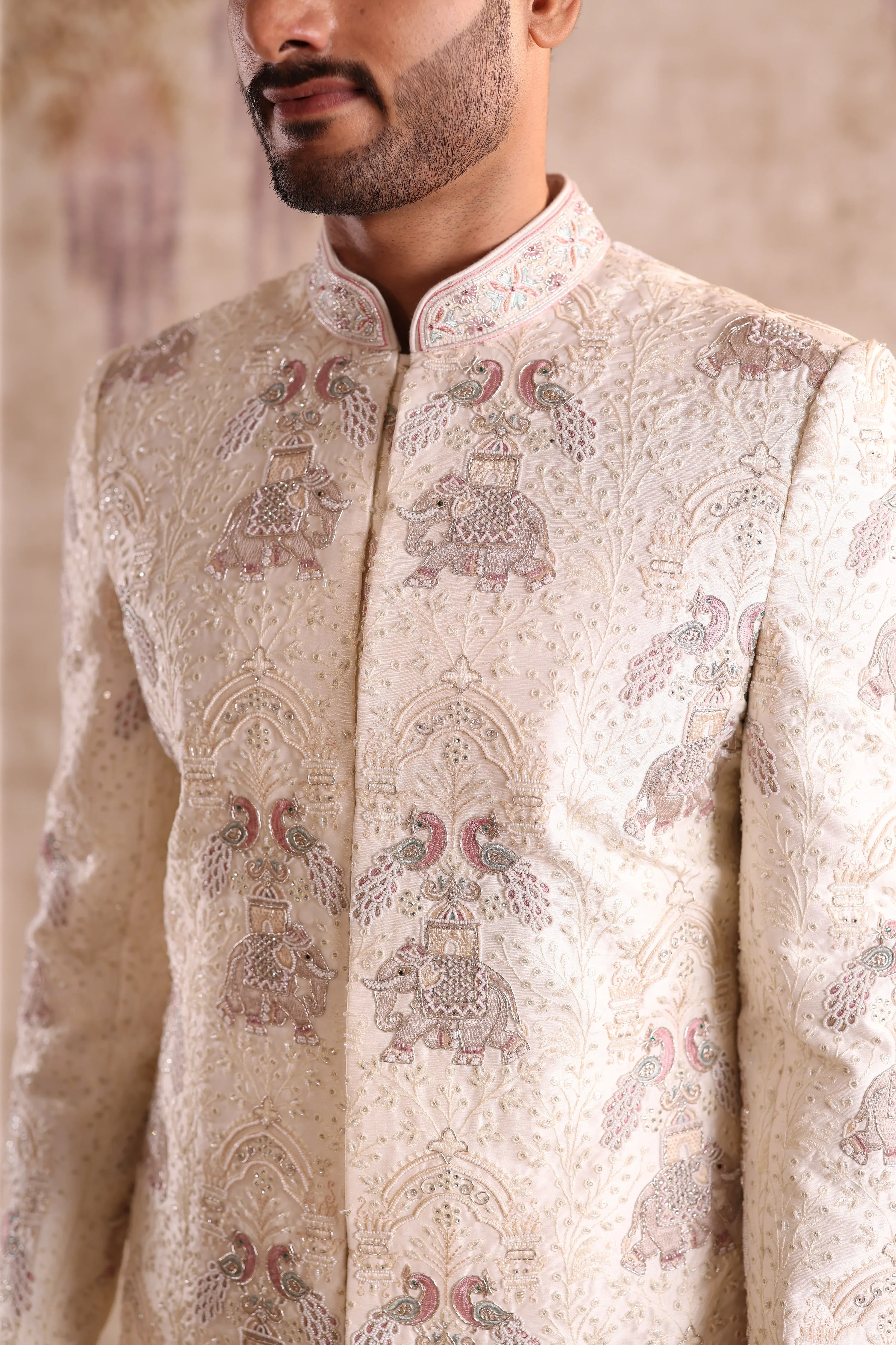 Off white full highlighted embroidery work with collar embroidery - Image 4