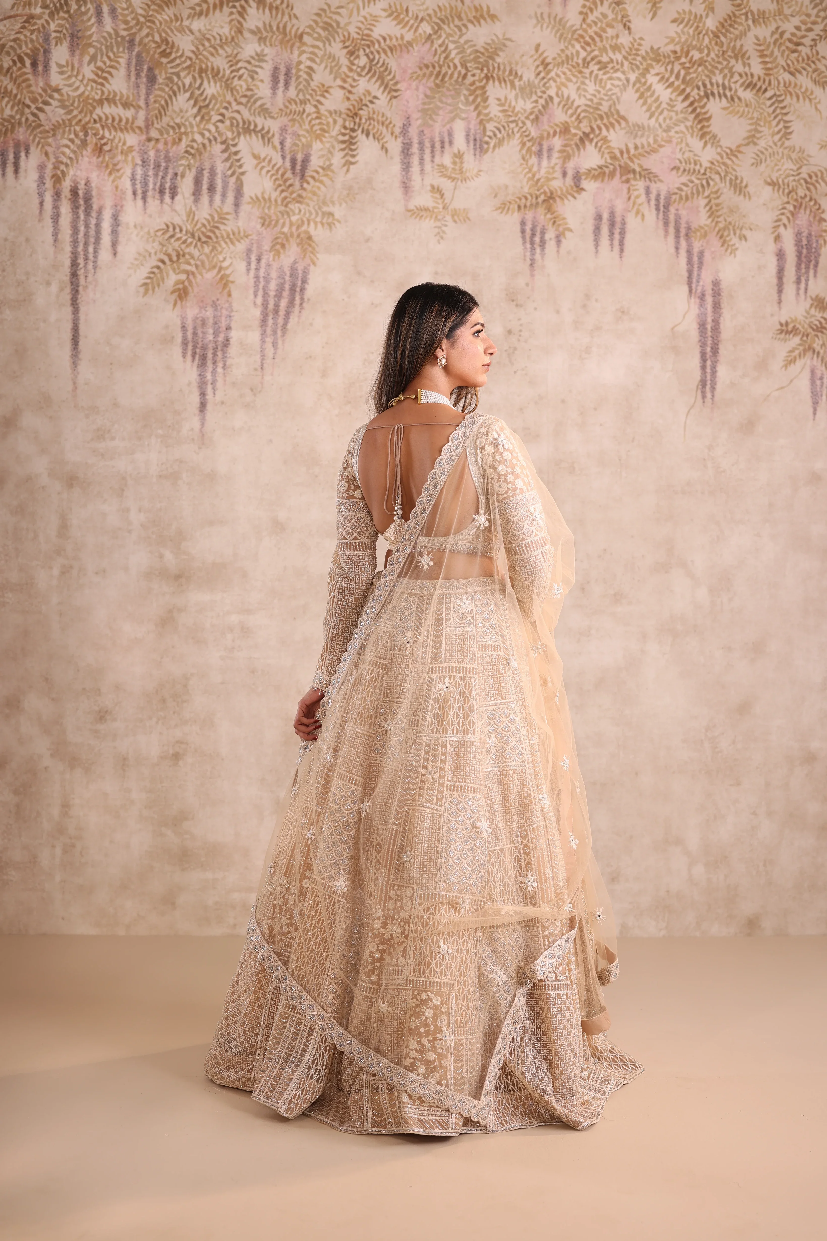 Cream Embroidered party wear Lehenga - Image 4