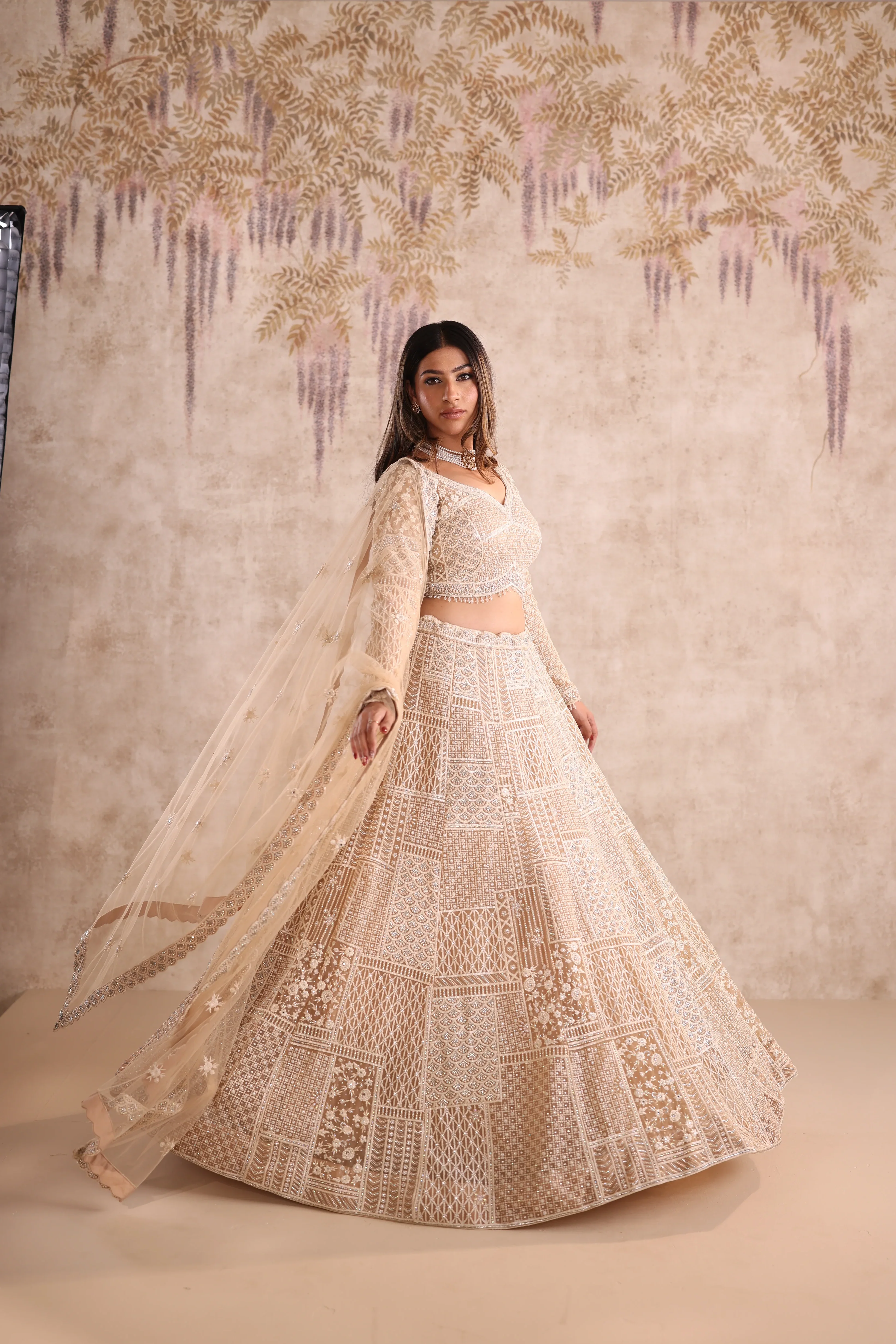 Cream Embroidered party wear Lehenga - Image 5