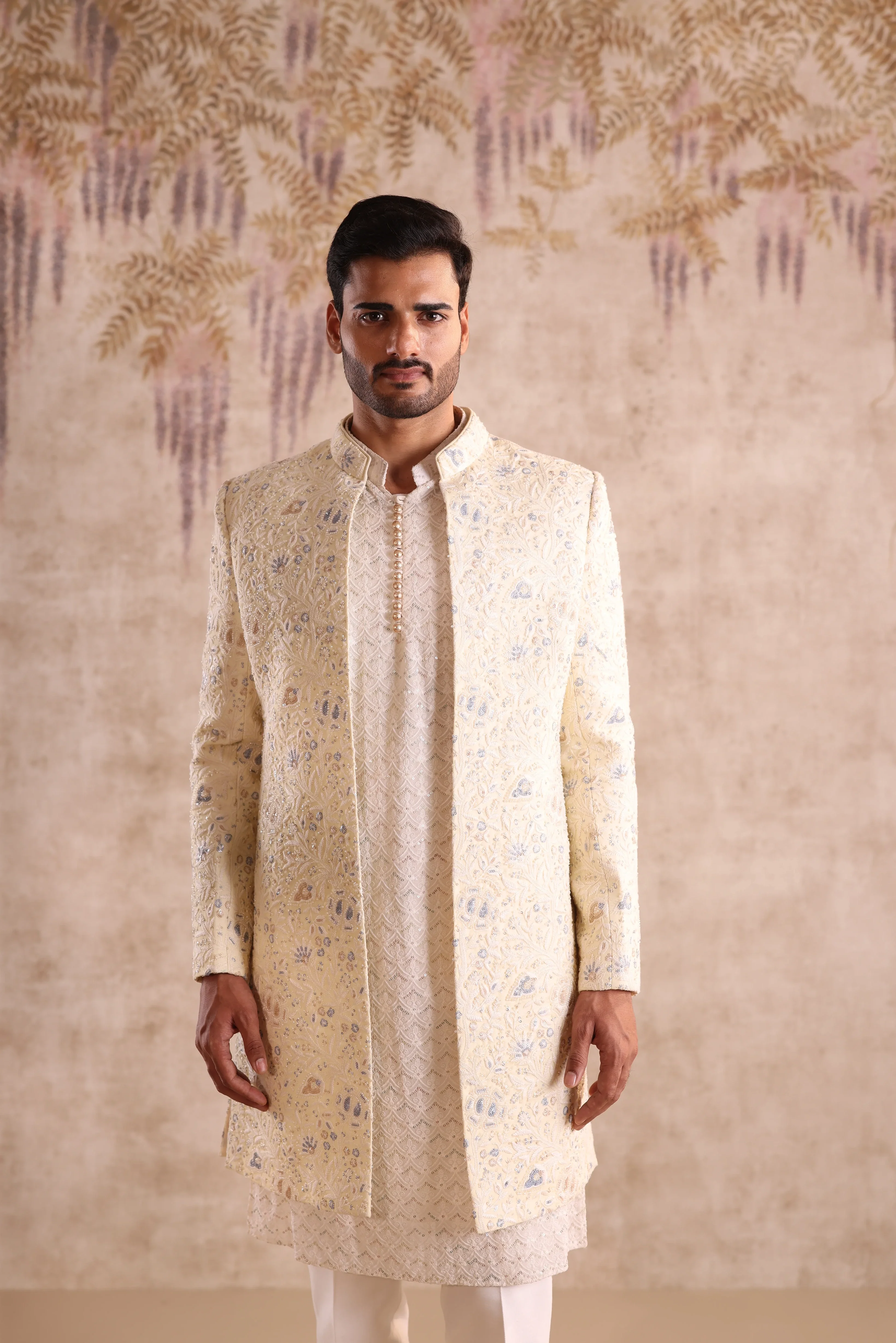 Lime yellow floral embroidered indo western with kurta - Image 3