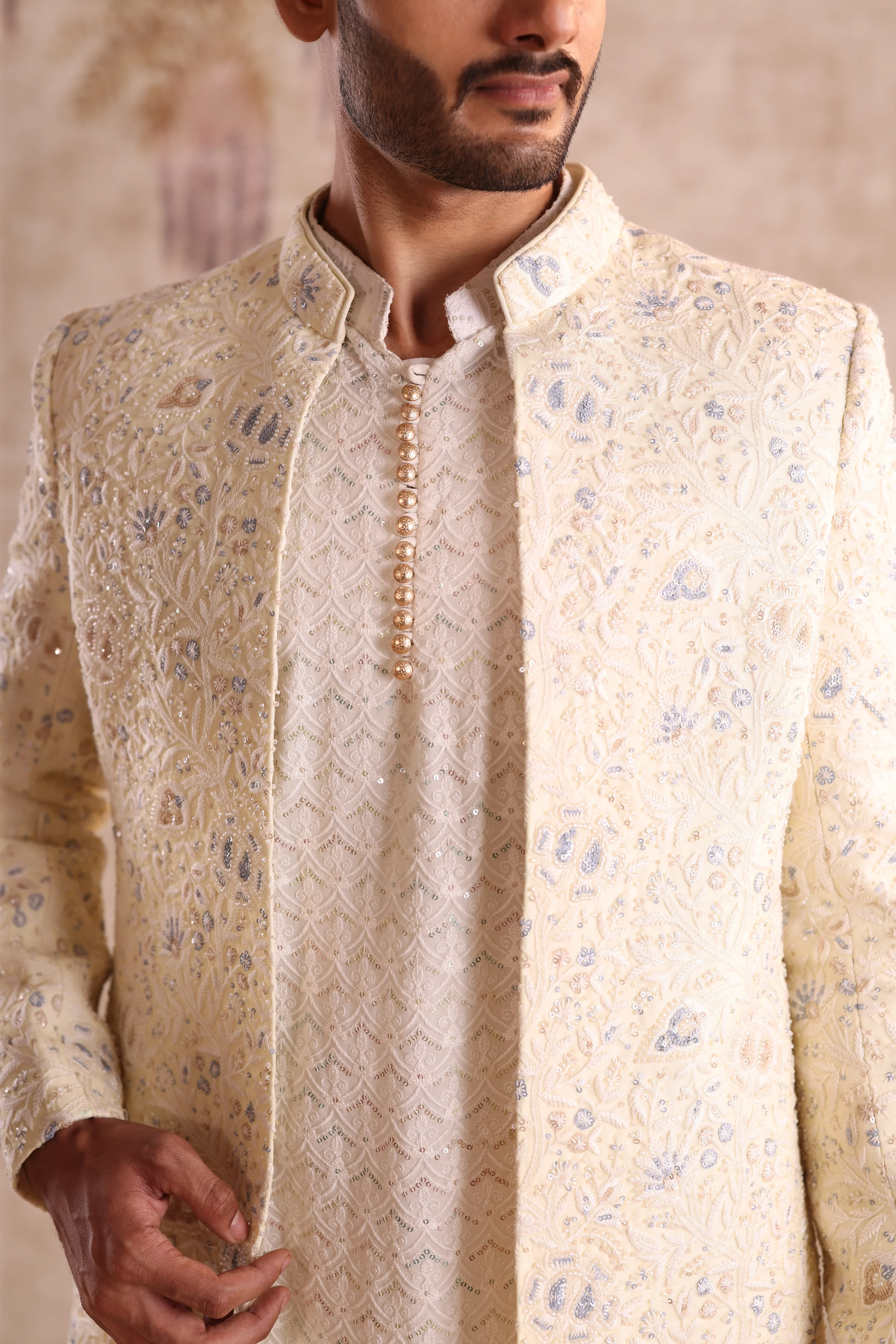 Lime yellow floral embroidered indo western with kurta - Image 4