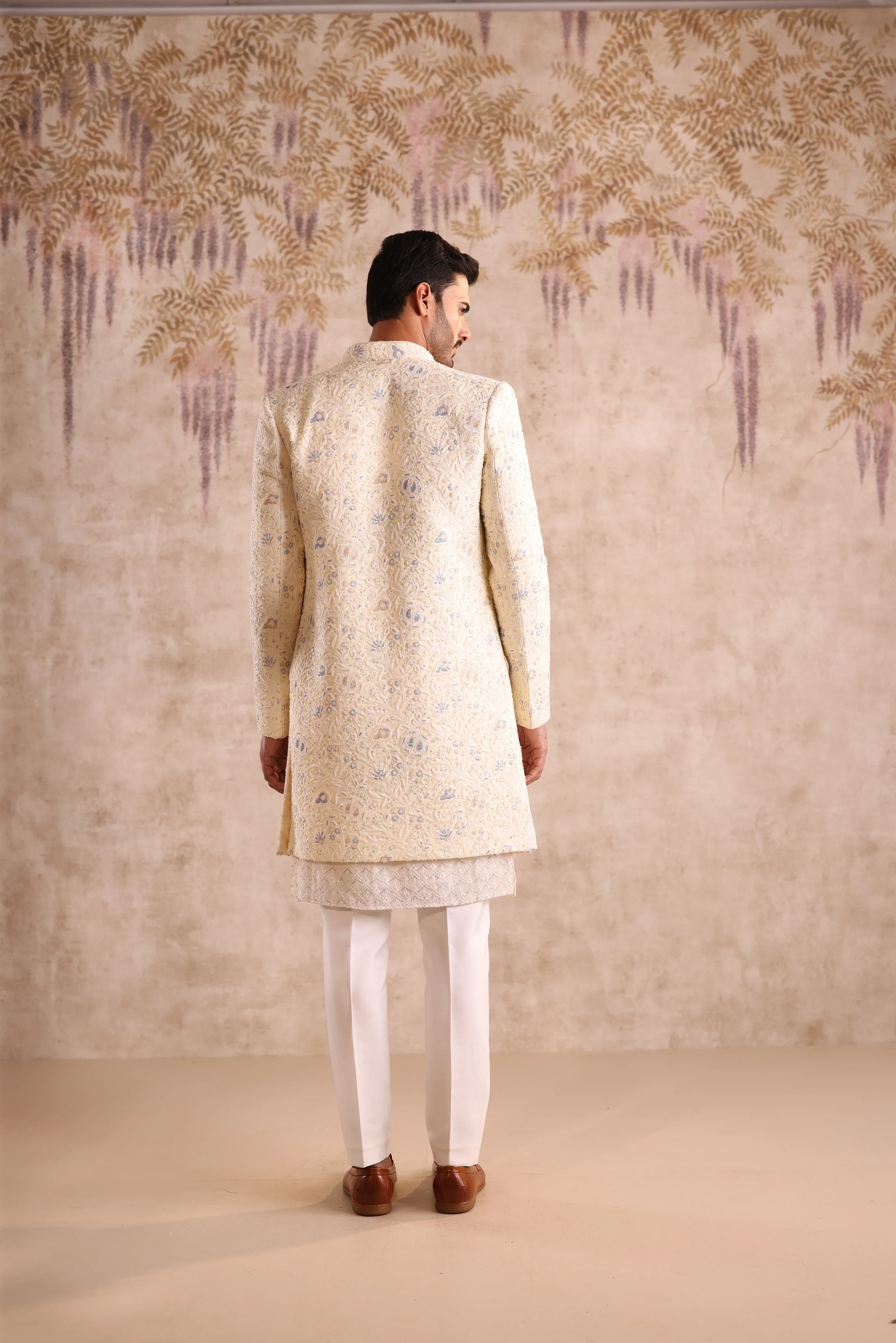 Lime yellow floral embroidered indo western with kurta - Image 5