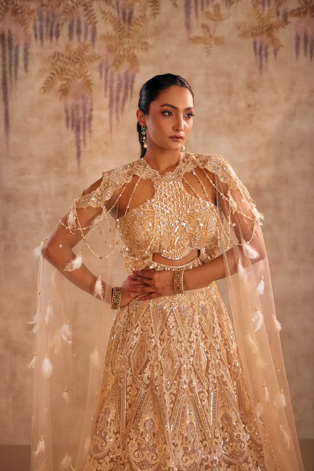 Cream Lehenga with Choker Style Cape and Embroidery - Image 2