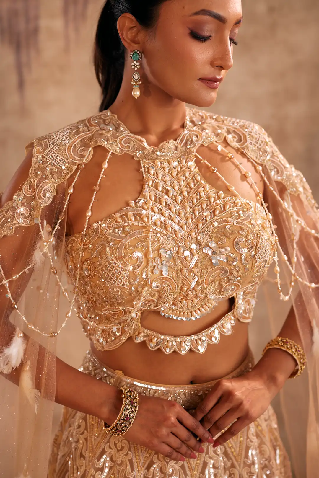 Cream Lehenga with Choker Style Cape and Embroidery - Image 3
