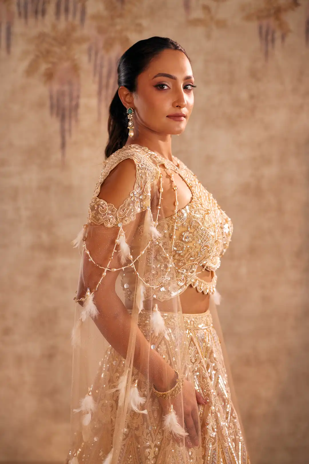 Cream Lehenga with Choker Style Cape and Embroidery - Image 4