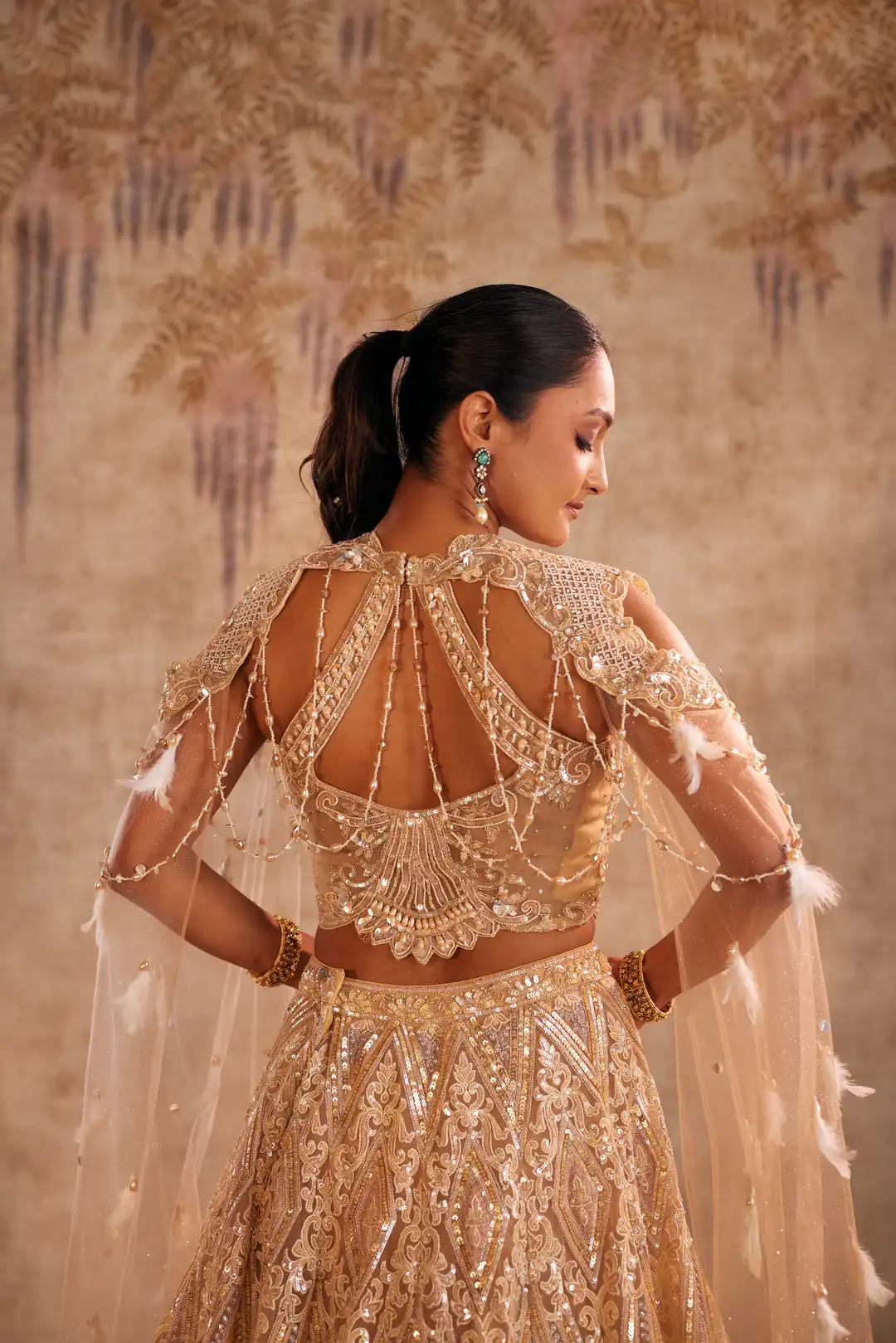 Cream Lehenga with Choker Style Cape and Embroidery - Image 5