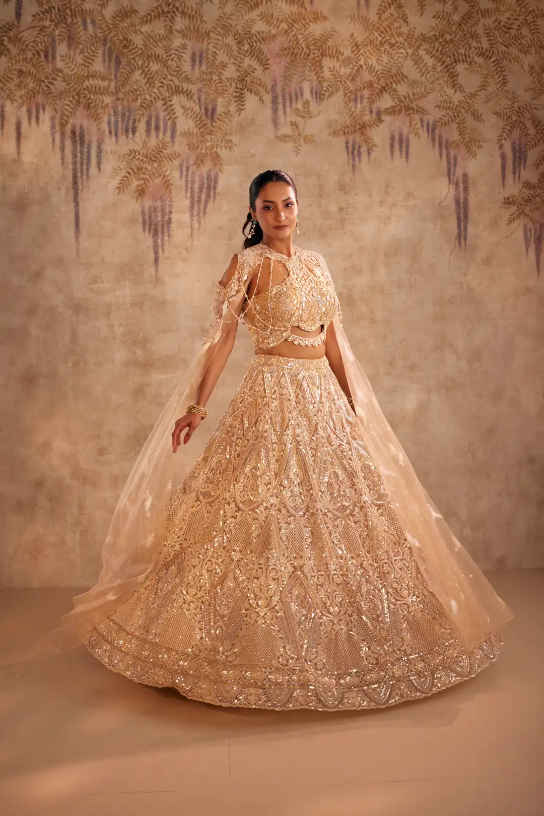 Cream Lehenga with Choker Style Cape and Embroidery - Image 6