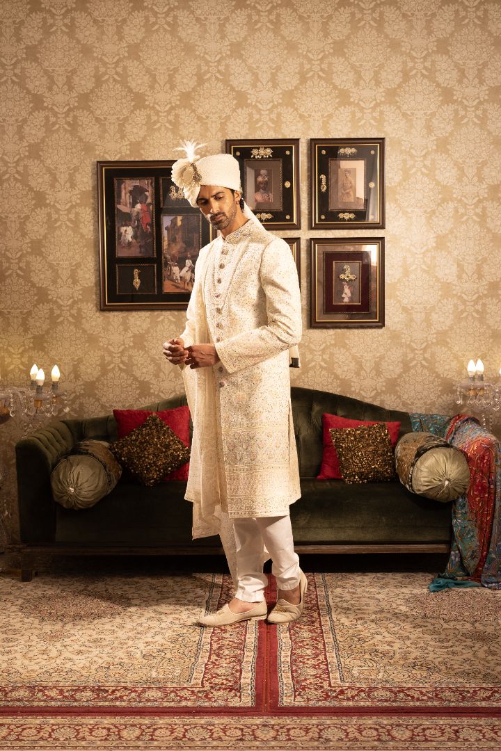 CREAM Sherwani With embroidery - Image 3