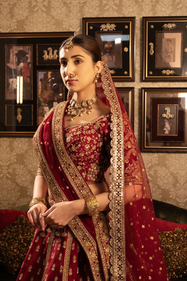 Dark Red Bridal Lehenga - Image 3