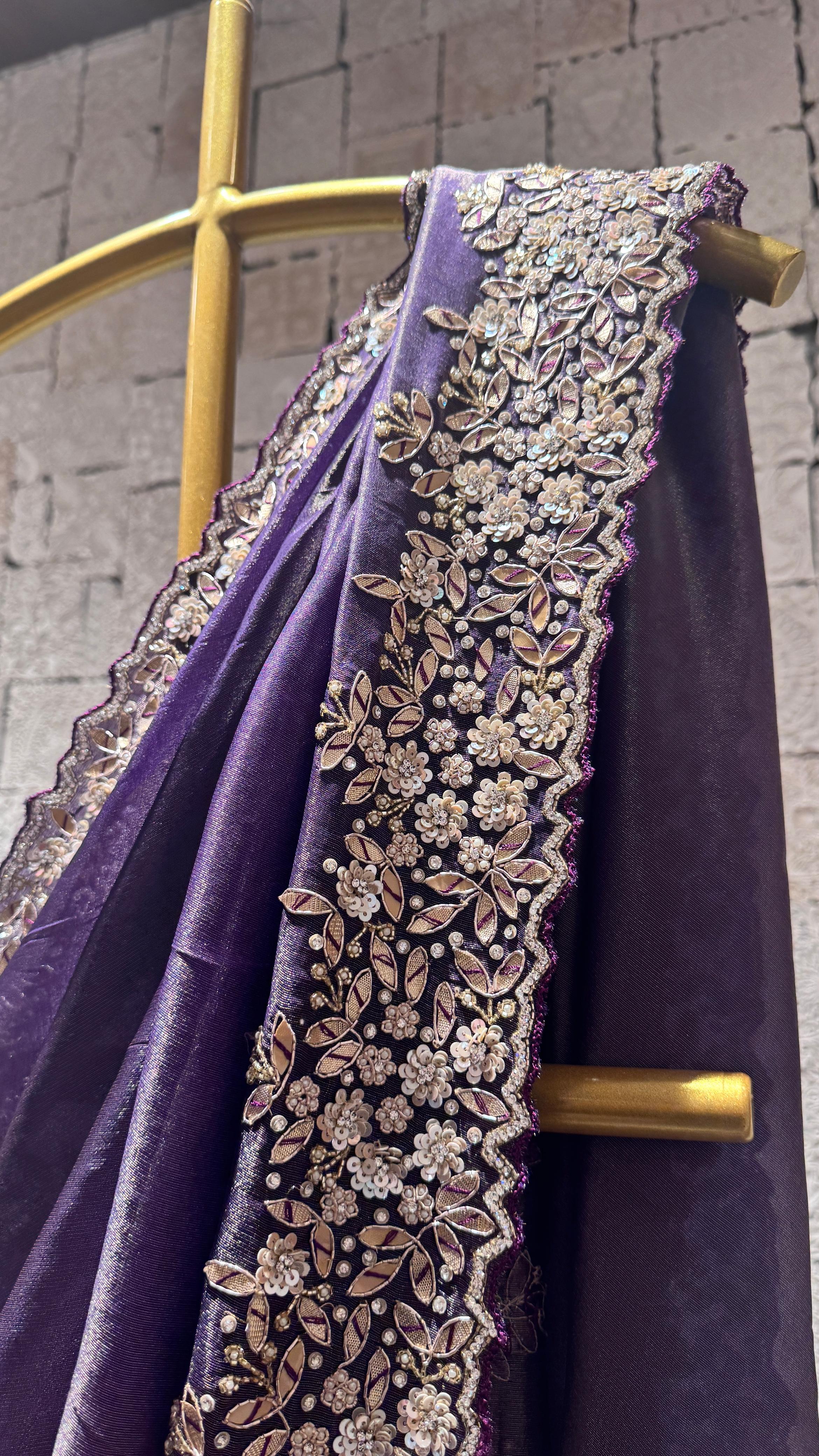 Deep Purple Saree with Embroidered Border and Designer Blouse - Image 2