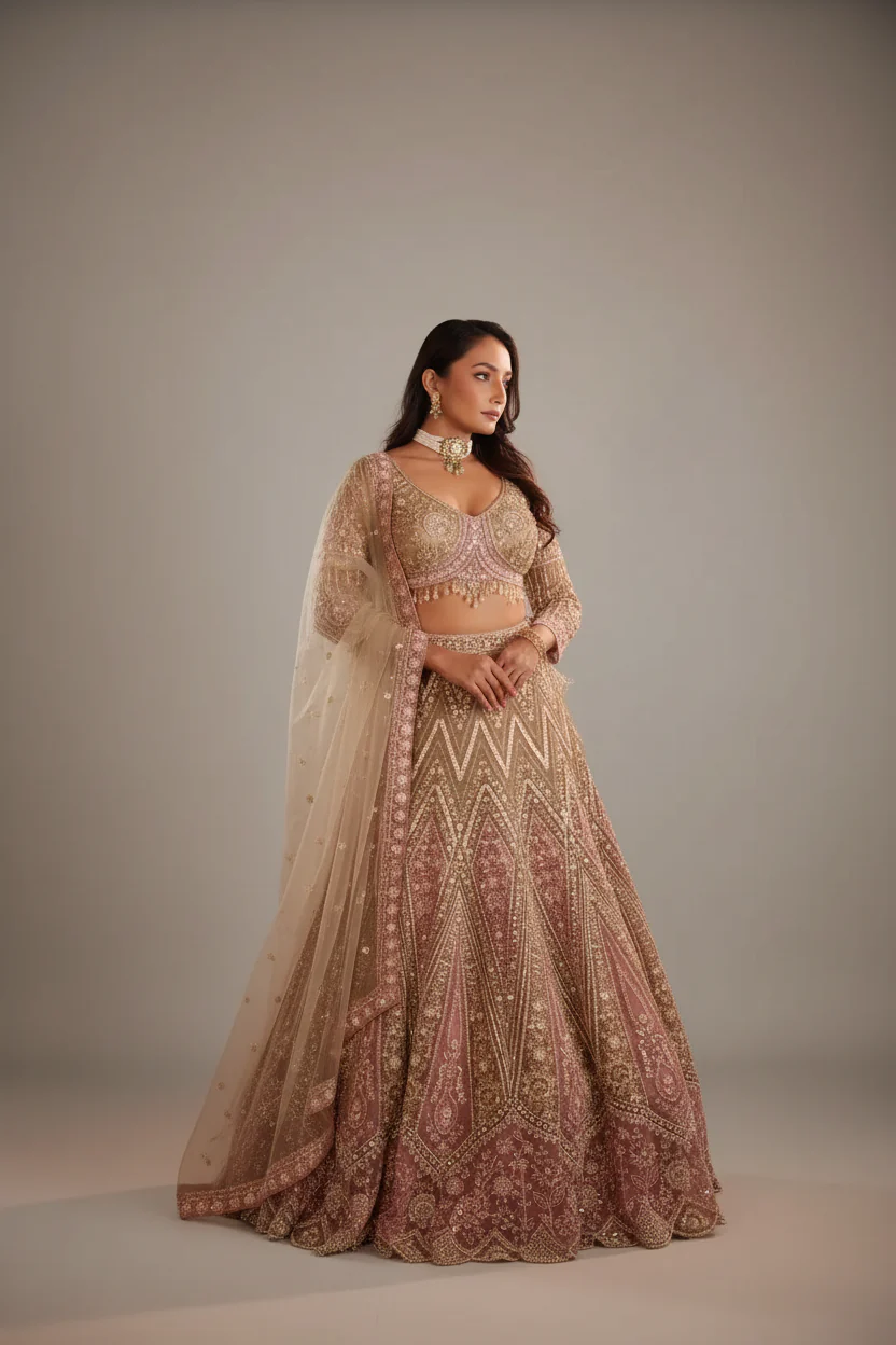 Dusty Rose Embroidered Lehenga Choli Set