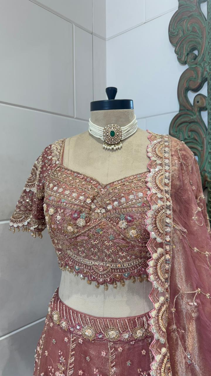 Dusty Rose Velvet Embellished Lehenga - Image 2