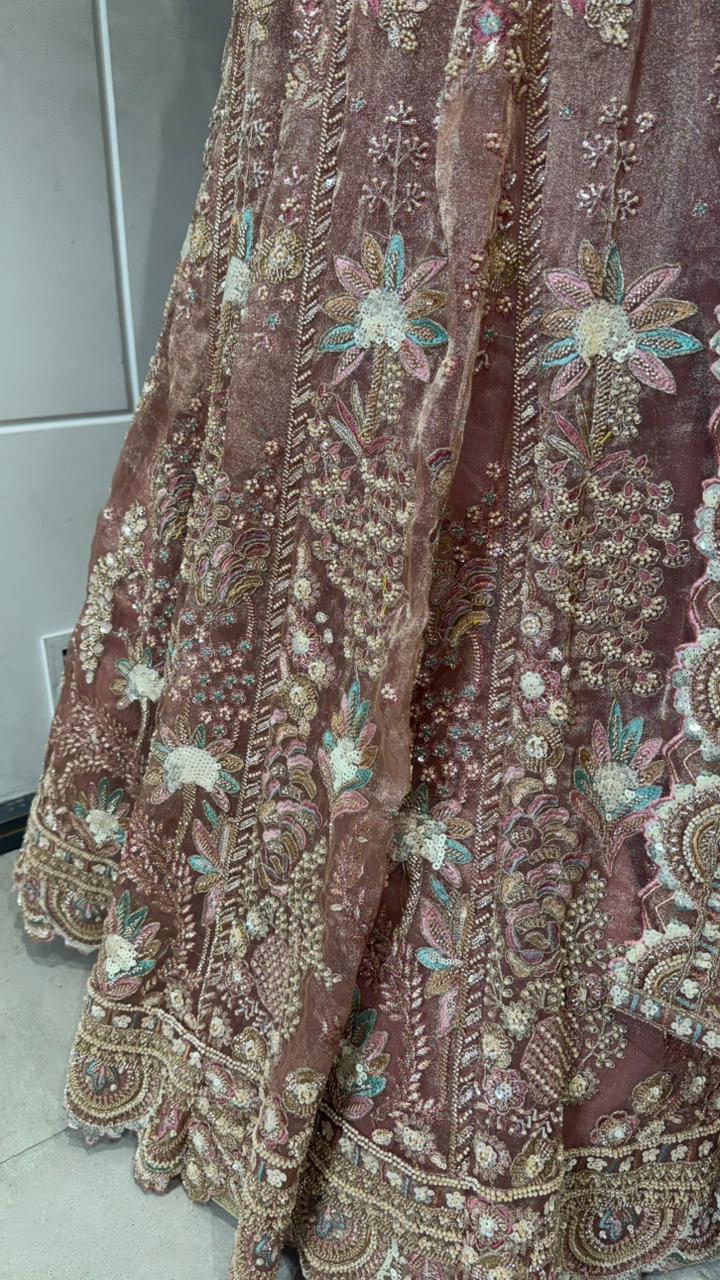 Dusty Rose Velvet Embellished Lehenga - Image 3